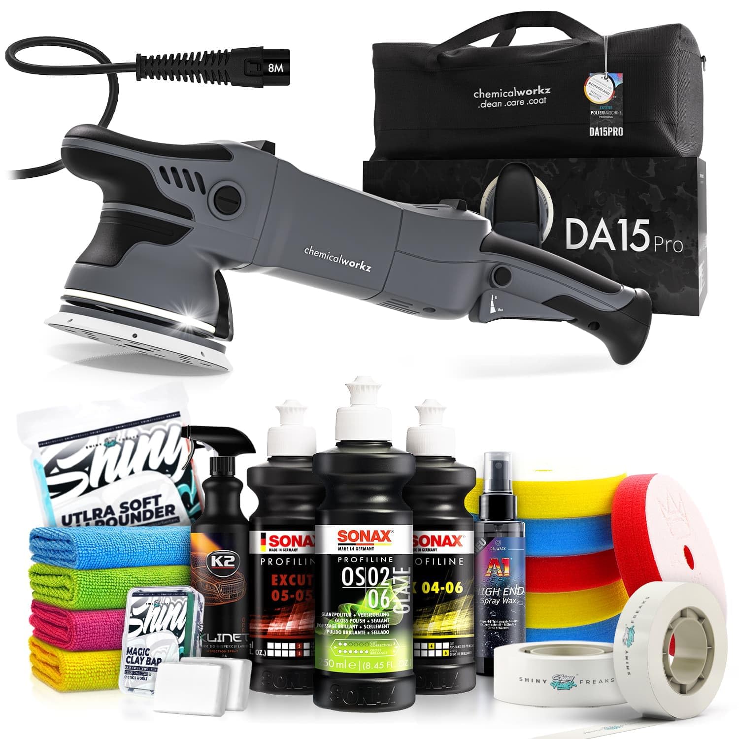 Poliermaschinen Set: chemicalworkz DA15 Pro Exzenter Poliermaschine + Sonax Politur Set + Royal Pads Premium Polierpads + Dr. Wack Versiegelung für Lack + Zubehör | 20-teilig