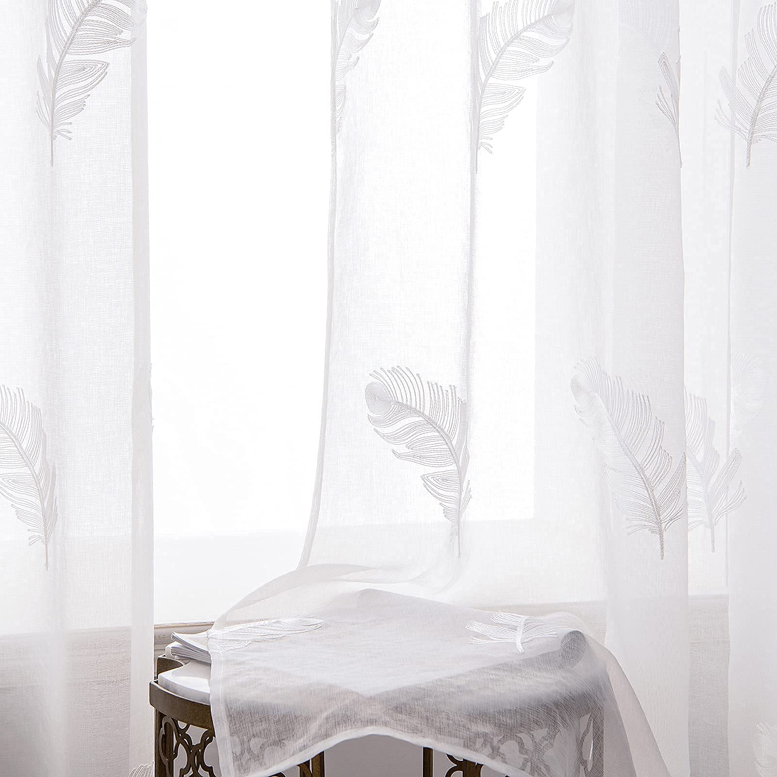 MIULEE Lot de 2 Voilage Fenêtre Broderie Plume Oeillets 140x225cm Blanc | Voilage fenêtre polyester brodé à oeillets, décoration légère adaptée au salon et chambre