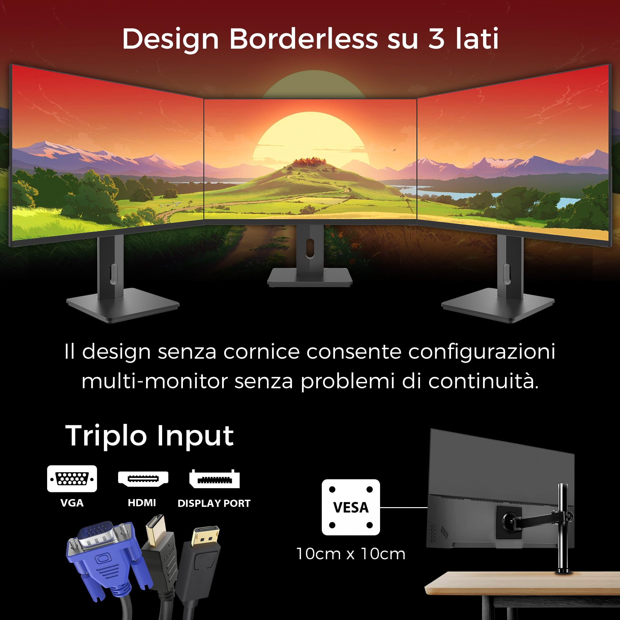 Atlantis Monitor 27 pollici Gaming 100Hz, schermo 27", Full HD 1920x1080, VGA HDMI e DP, MULTIMEDIALE,FreeSync,alzabile inclinabile, pivot risposta 5ms,Contrasto 1000:1,Angolo 178/178,Cavo HDMI e DP