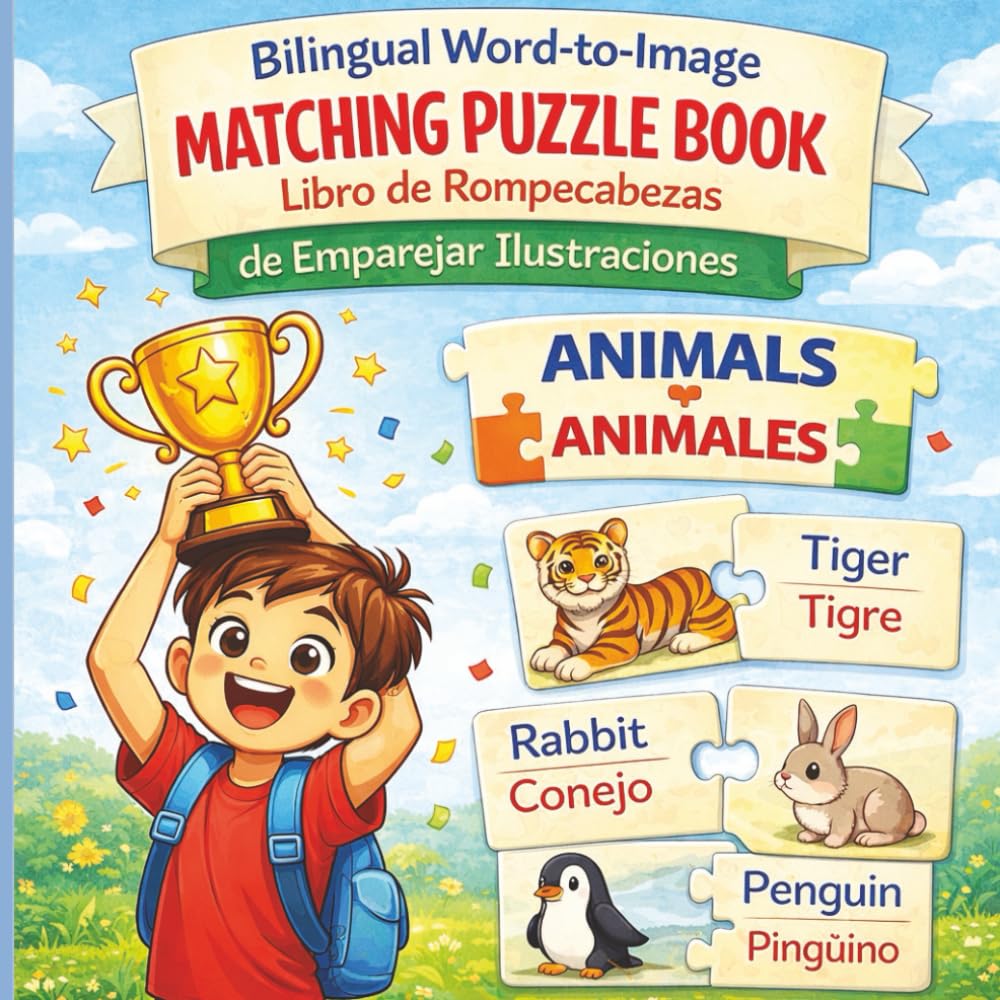 Bilingual Word-To-Image Puzzle Book 4 to 8: English & Spanish Animal Picture Puzzles for Kids