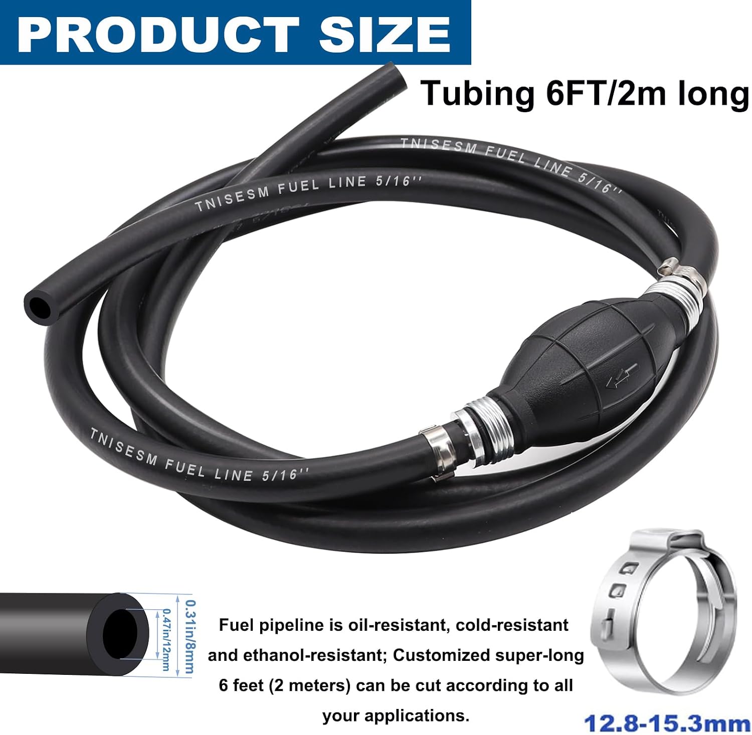 Tnisesm 5/16" Fuel Line Assembly, Nylon Braided Fuel Line Hose Rubber Marine Outboard Boat Motor RVs Fuel Assembly with Primer Bulb 304 Steel Hose Clamps 6.5FT