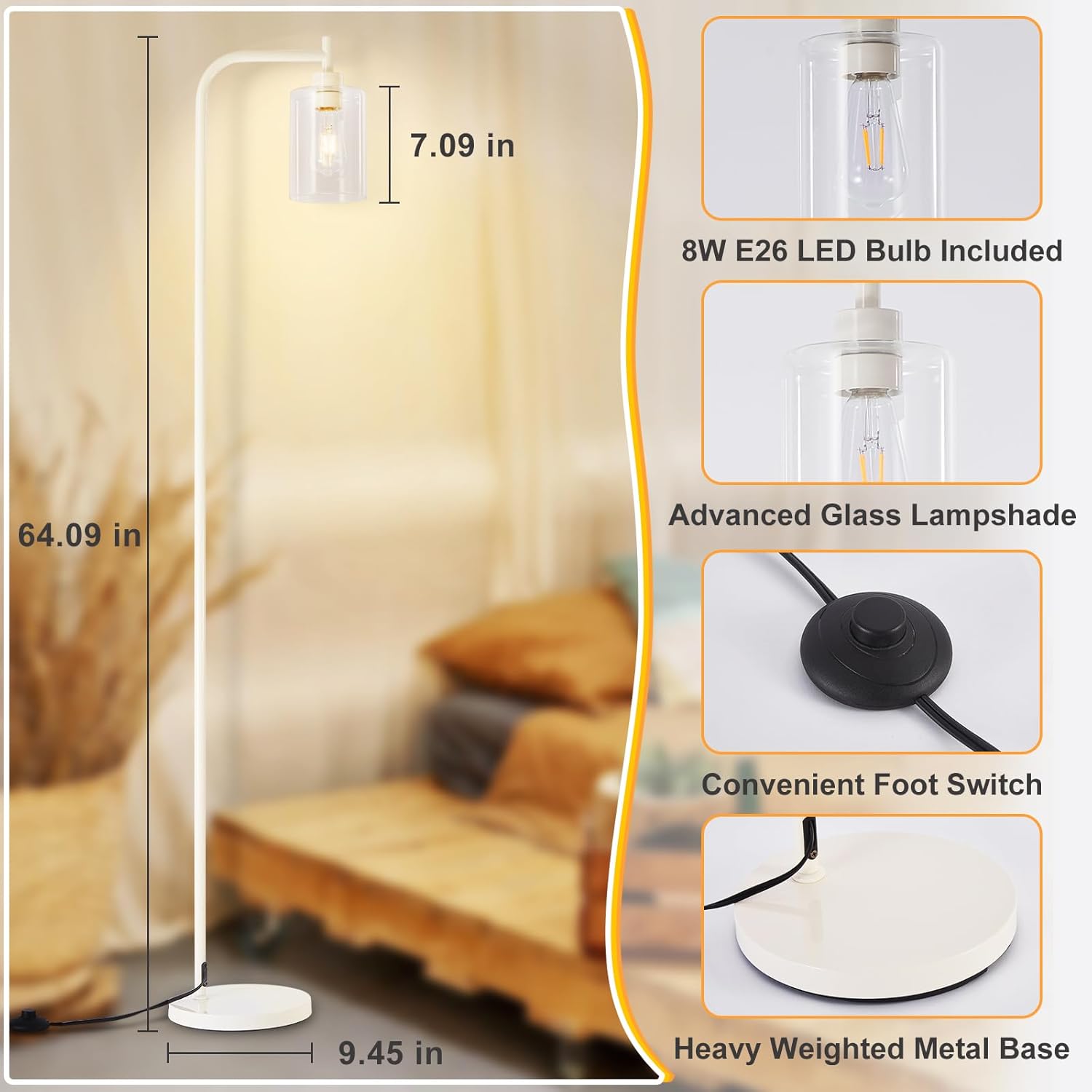 DLLT Floor Lamp Tall for Room: Light Gold Standing Lamp with Clear Glass Lampshade for Living Room - Modern Bright Lamp for Bedroom - Industrial Corner Floor Lamps for Office 8W Led Bulb Included