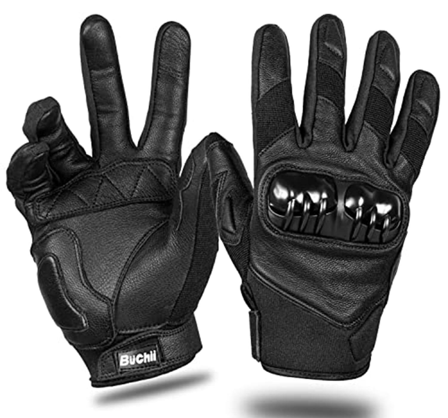 BUCHII Leather Motorcycle Gloves Men & Women Multi Purpose Hard Knuckle Cover Full Finger Goatskin Motorbike Gloves for BMX ATV MTB Riding Road Racing Motocross (Medium, Black)