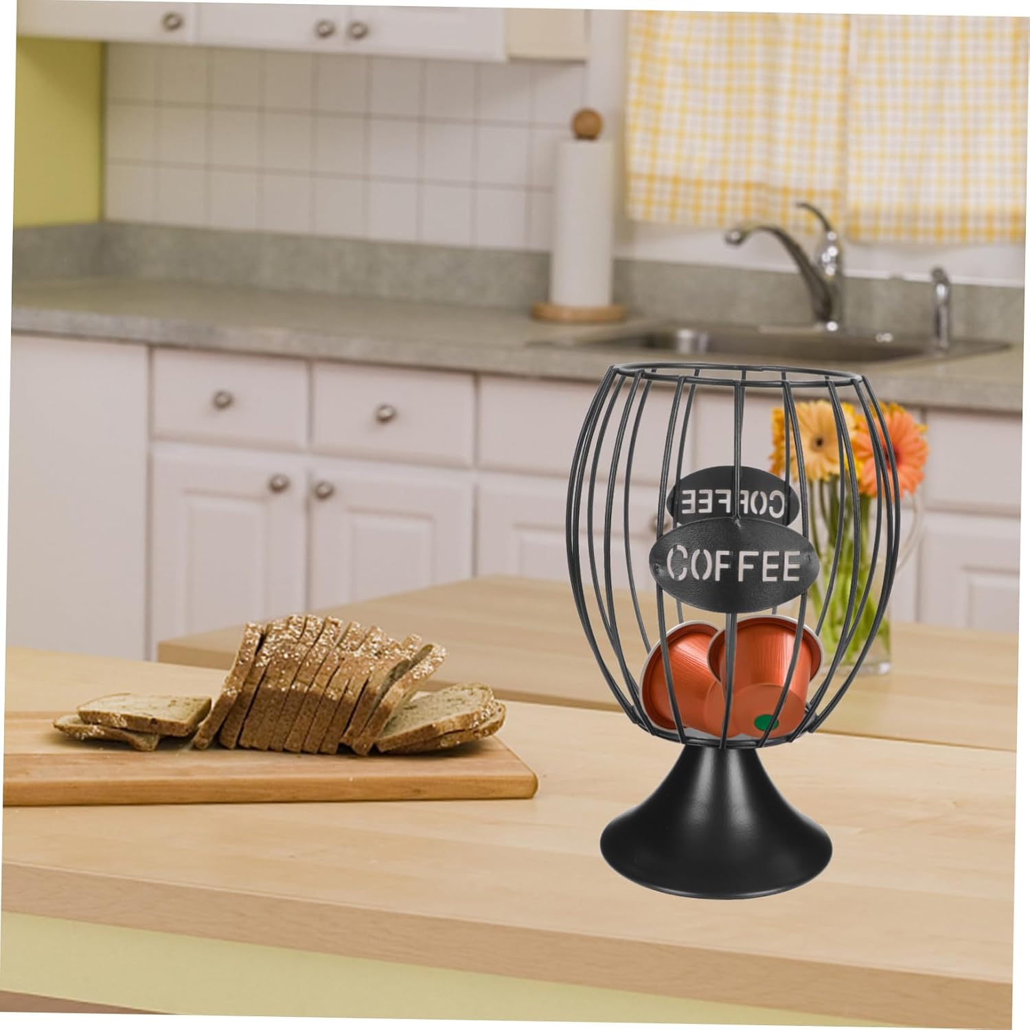 1Pc Capsule Storage Basket with Stable Base for Home and Kitchen Hollowed Pod Organizer for Snacks and Fruits Medium Black Iron Holder for Office and Use