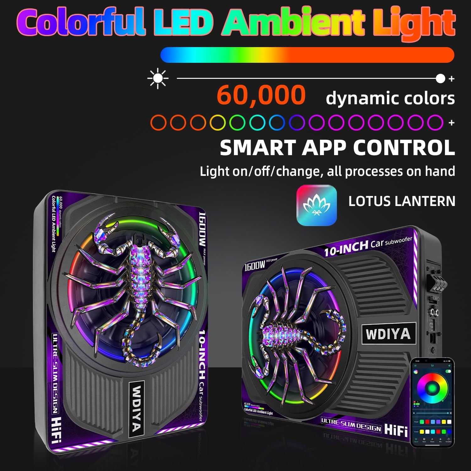 Upgraded 1600W 10" Slim Under Seat Subwoofers with Amp & LED Ambient Lights for Truck/Car - Deep Bass, Individual Controls (LPF/Gain/Bass Boost), High Output Distortion-Free Audio