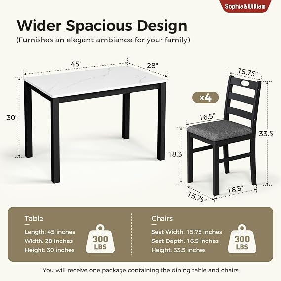 Sophia & William 5 Piece Dining Table Set for 4, Faux Marble Kitchen Table and Chairs Set, Solid Wood Farmhouse Dinner Table Set,Venatino White Marble & Black