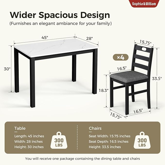 Amazon.com - Sophia & William 5 Piece Dining Table Set for 4, Faux Marble Kitchen Table and Chairs Set, Solid Wood Farmhouse Dinner Table Set,Venatino