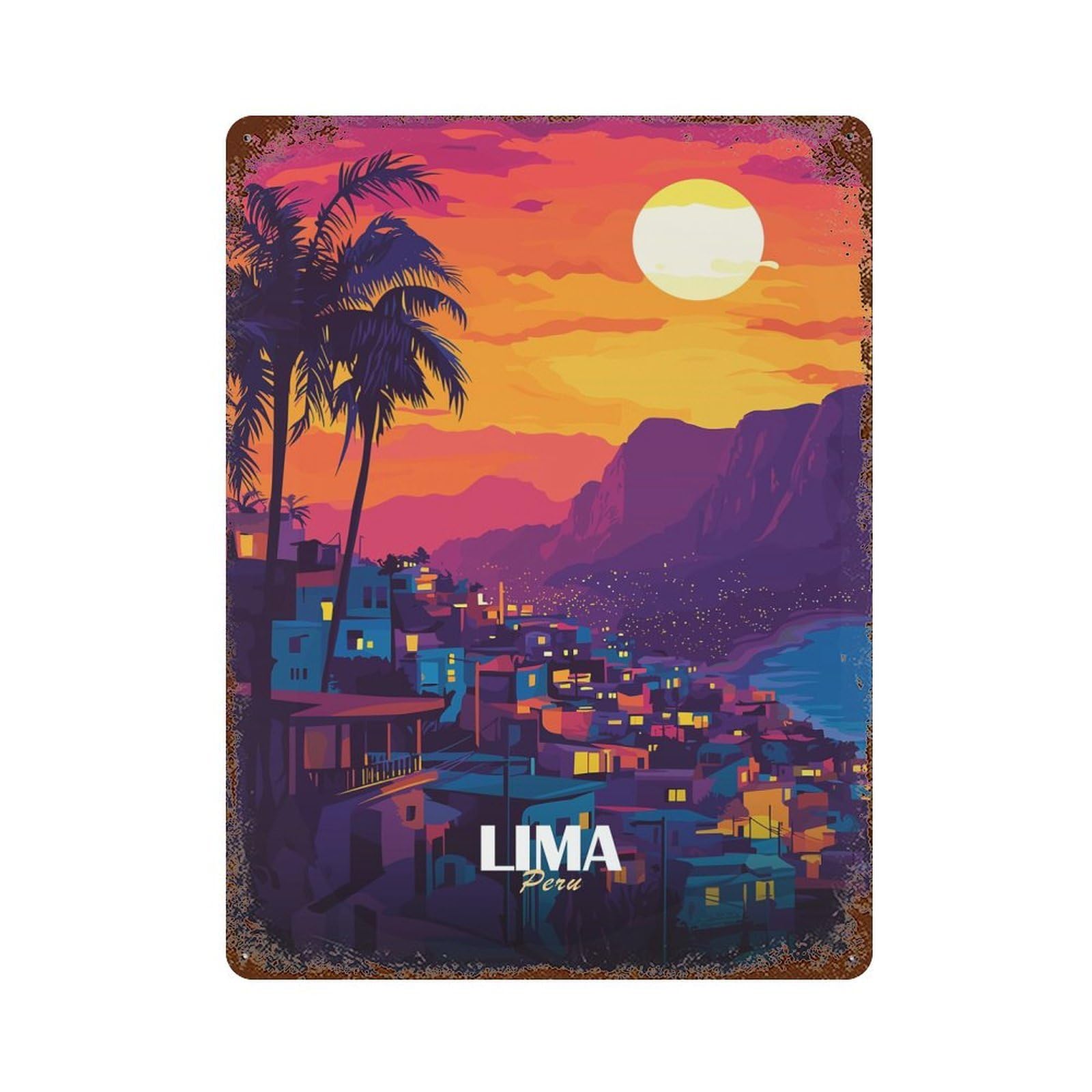 Lima, Peru Cityscape at Sunset Rusty Metal Tin Sign 15.7"x11.8", Industrial Home Decor for Garage, Pub Or Kitchen