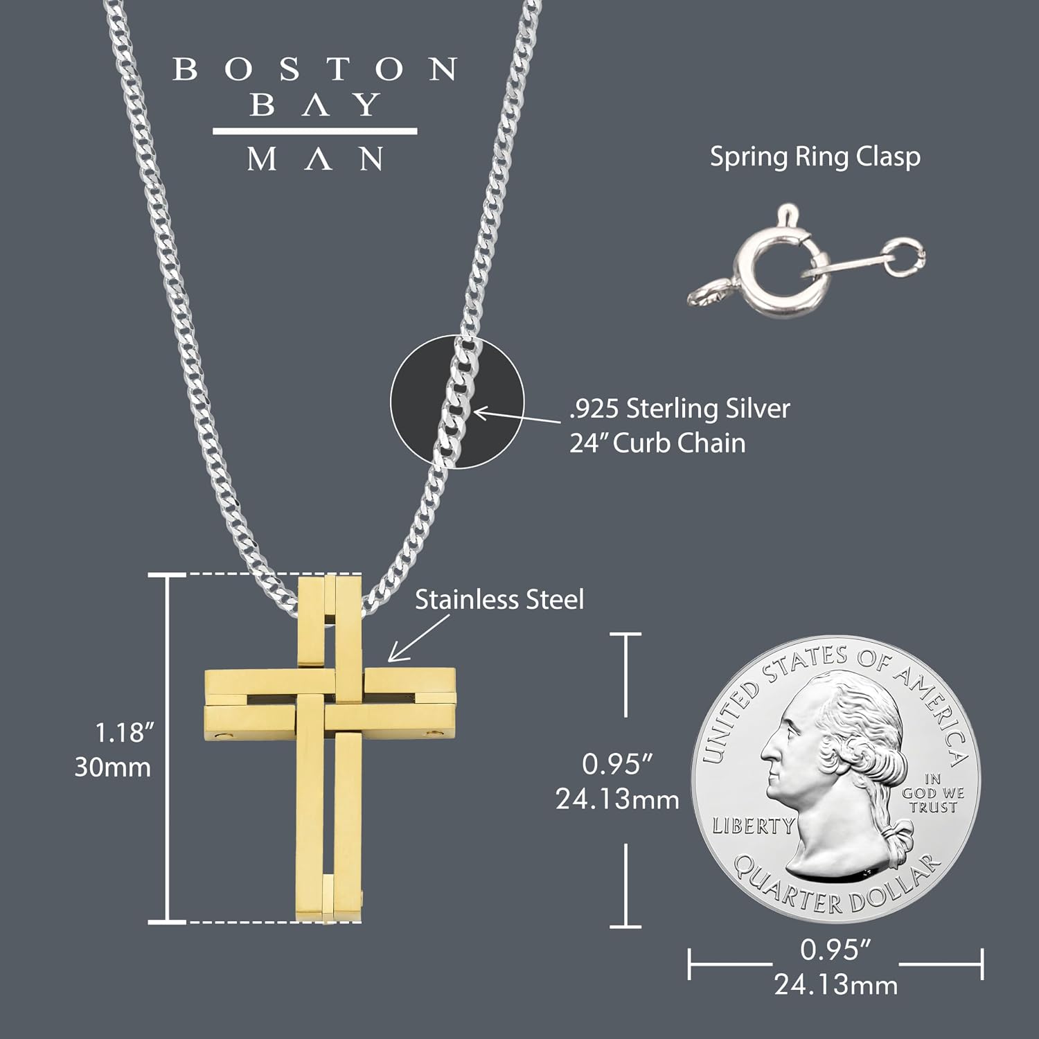 Men's Cross Pendant Necklace in 316L Stainless Steel Interlocking Woven Cross on 24” Curb Chain, Choice of Color