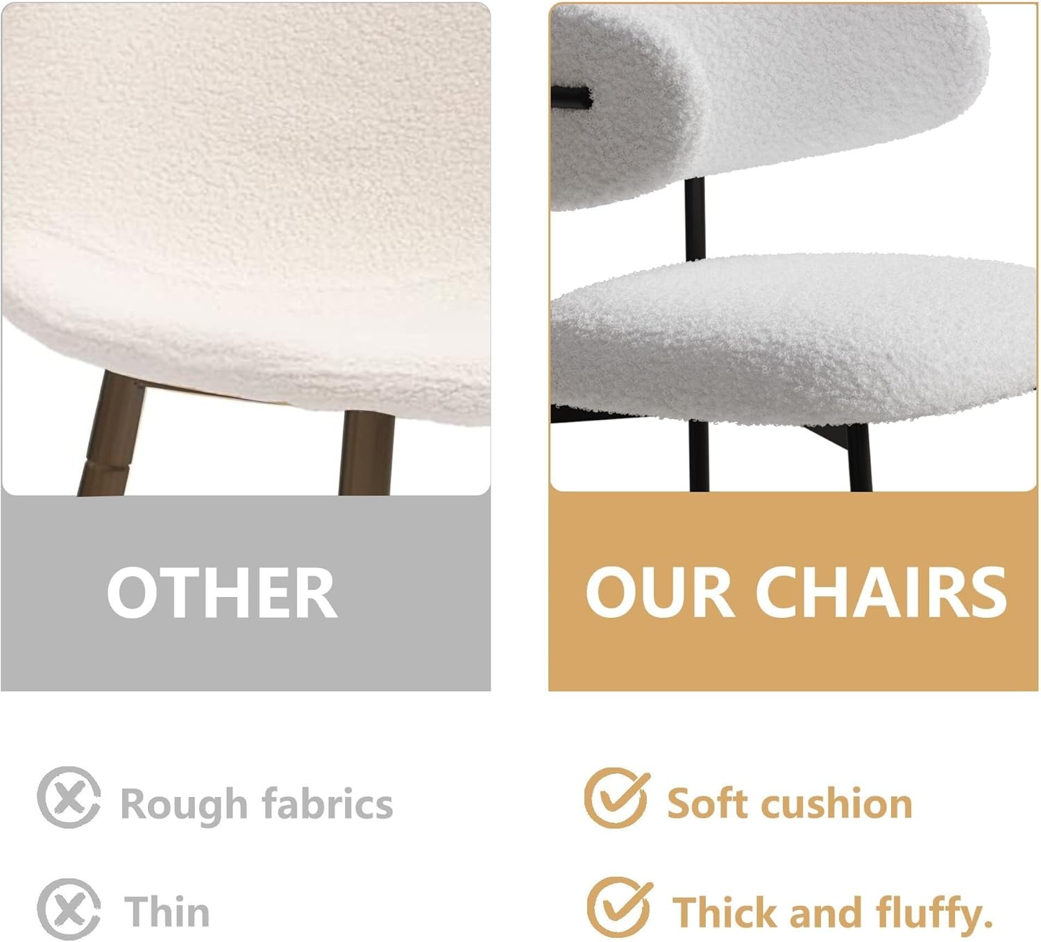 ホワイトダイニングチェア2脚セット、ベルベットと金属脚、キッチンに耐久性のある鉄製フットスタンド付き、