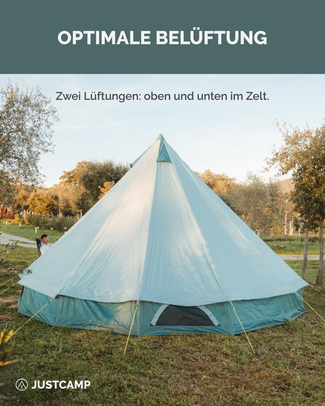 JUSTCAMP Bell 10 Tipi Tente - Tente de Camping extérieure 10 Personnes/Places, 4 Saisons, familiale, imperméable, Premium XXL géante - 5 x 5 x 3 m - 14 kg - Menthe