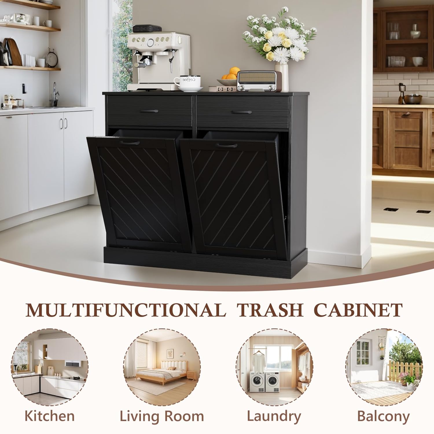 Double Tilt-Out Trash Can Cabinet, 2x13 Gallons Hidden Garbage, Hidden Kitchen Trash Cabinet with Storage Drawer, Pet-Proof Wooden Garbage & Recycling Cabinet for Kitchen, Laundry & Living Room, Black