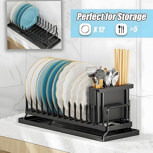 Miniatura 5 de Santentre Paquete de 2 escurridor de platos y 1 organizador de ollas y sartenes, con soporte para utensilios, escurridor compacto para encimera de