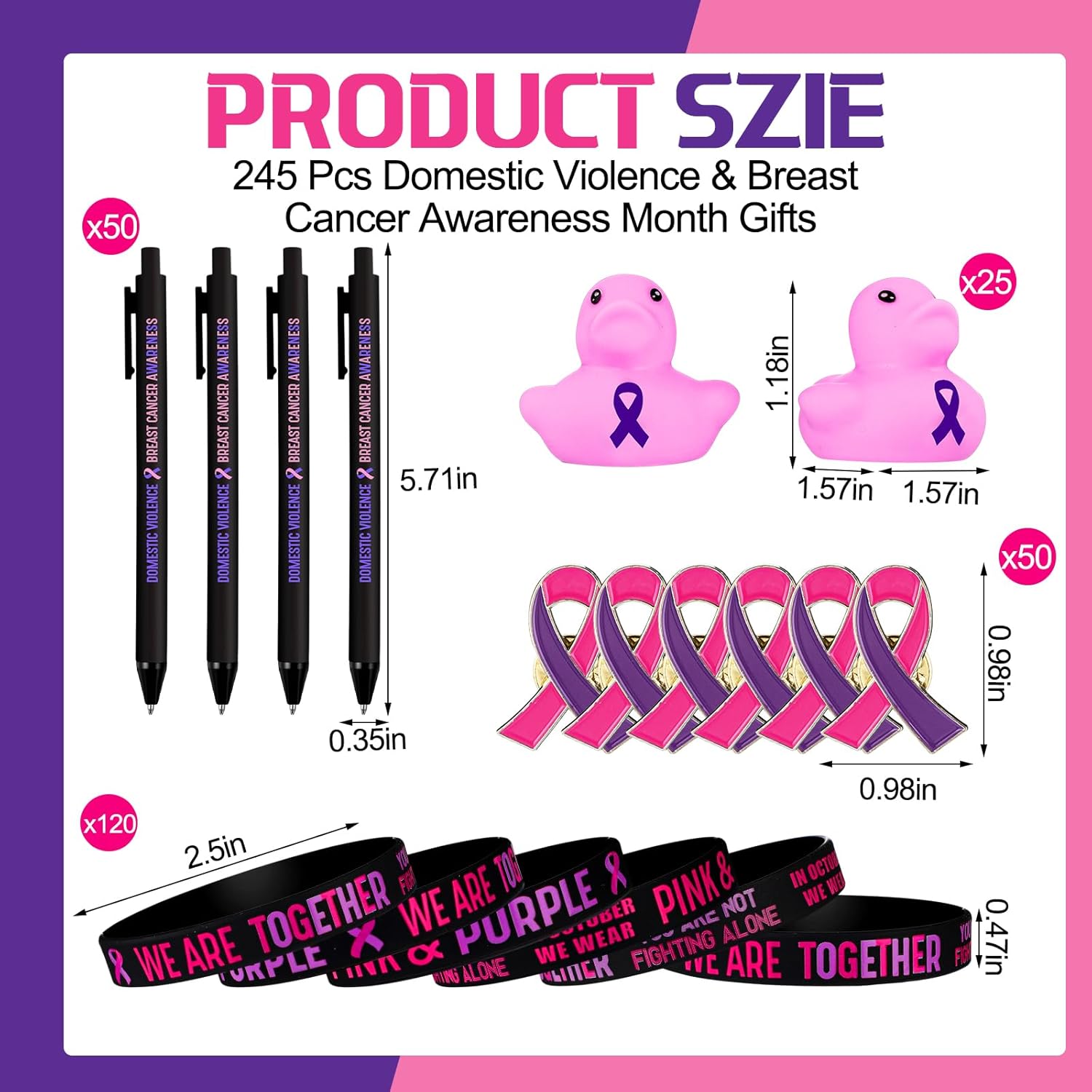 245 Pcs Breast Cancer Domestic Violence Awareness Accessories Pink Purple Ribbon Pins Rubber Bracelets Ballpoint Pens Rubber Ducks for Women Cancer Awareness Month Party Event Supplies