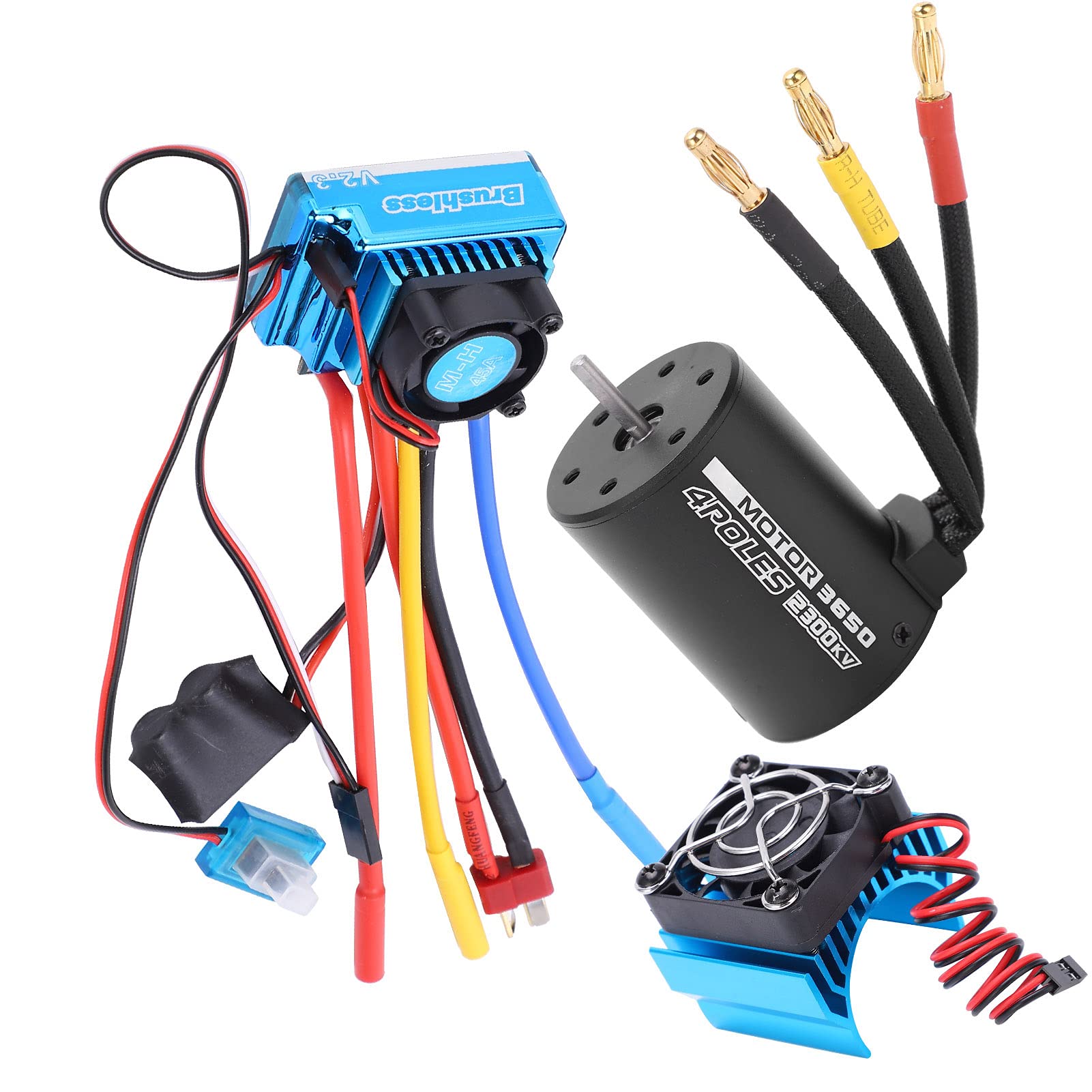 Zerodis Silnik Bezszczotkowy 4-biegunowy 3650 2300KV, Regulator 45A | Aluminiowy radiator 6061 T6 do samochodu RC 1/10
