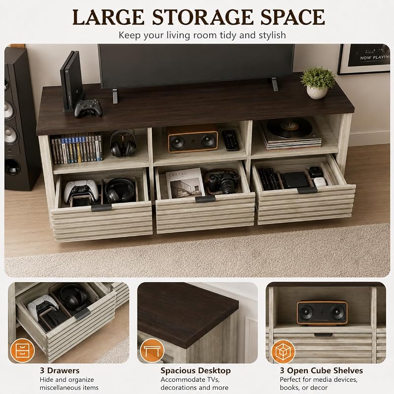 BON AUGURE TV Stand for 60 55 in TVs, Low Profile Media Console, 3 Drawers image 4