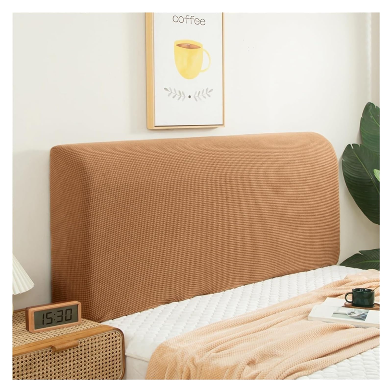 Velvet Bed Headboard Slipcover - Queen, Full, Twin, Cal King Size, Quilted Dustproof Protector, Elastic Decoration (Camel)