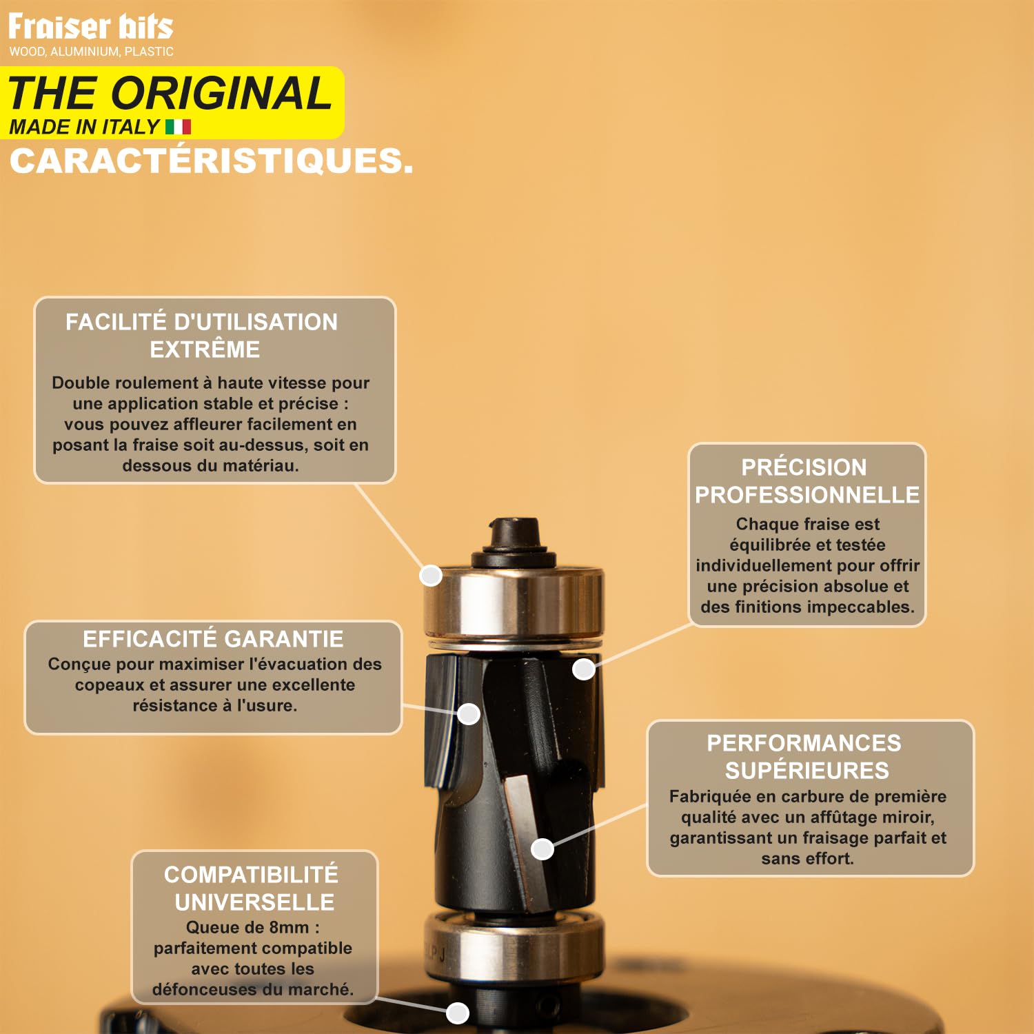 Fraiser® Fraise à affleurer avec support supérieur de 8 mm pour bois, bords dérivés et stratifiés pour défonceuse manuelle et table de défonceuse up & downcut (L : 86-H : 24,8-S:8-)