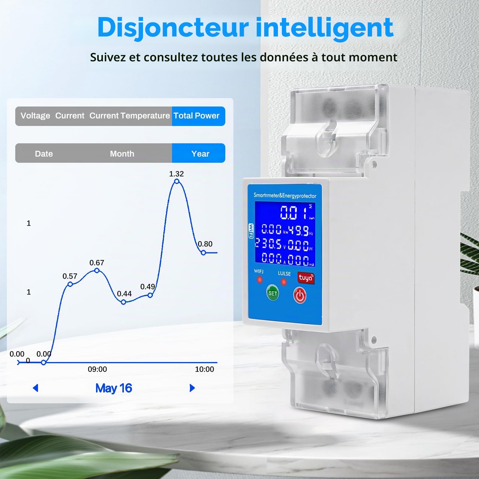Compteur electrique tuya wifi 80A Contrôle vocal compteur électrique intelligent 2P 80-300VAC disjoncteur connecté compteur numérique Protection contre les surtensions et sous-tensions