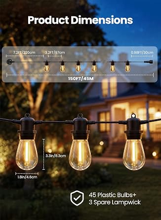 Bomcosy S14 Festoon Lights Outdoor 45M IP65,45+3 Shatterproof Bulbs 2700K [Energy Class B]