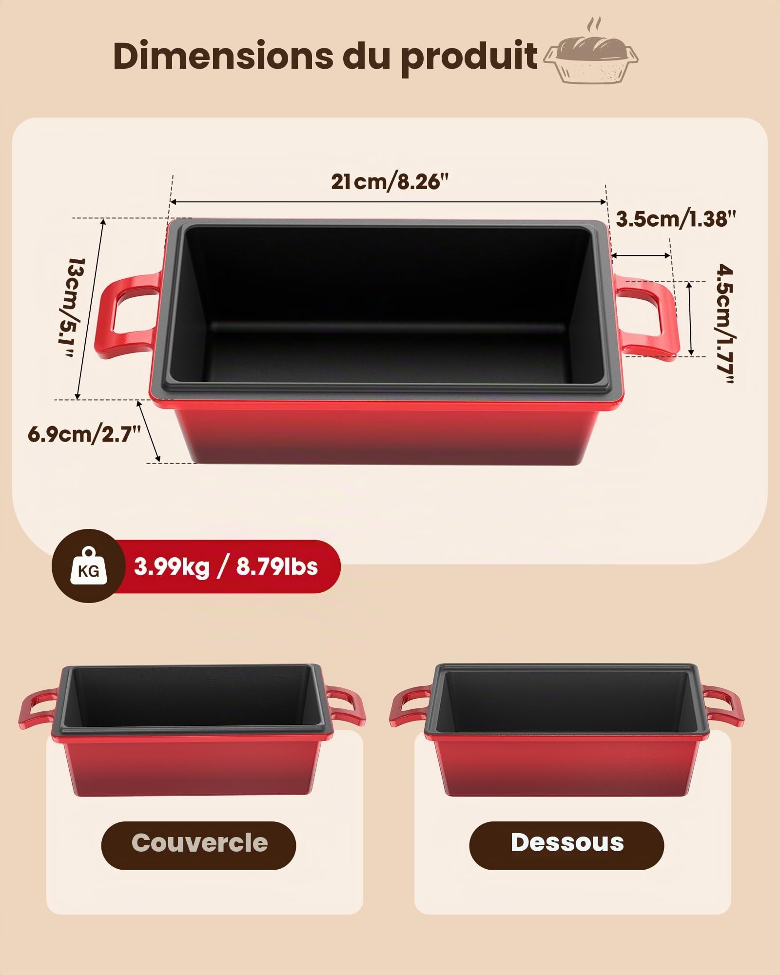 iHomara Moule à pain avec couvercle, 21 cm casserole en fonte pour cuire la pâte, 2-en-1 plaque ou récipient, allant au four