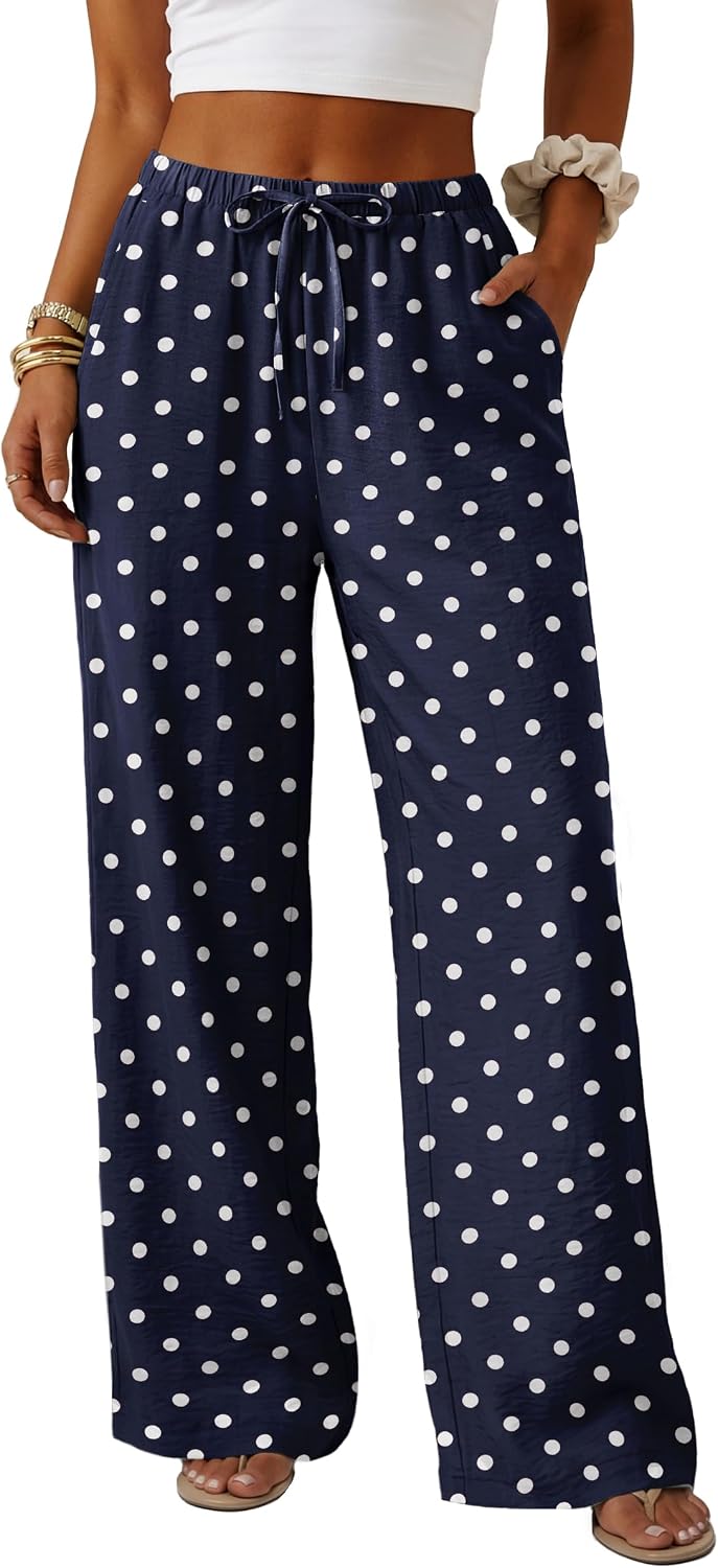 Lepunuo Women's Wide Leg Palazzo Pants: Elastic Waist Summer Trousers with Pockets