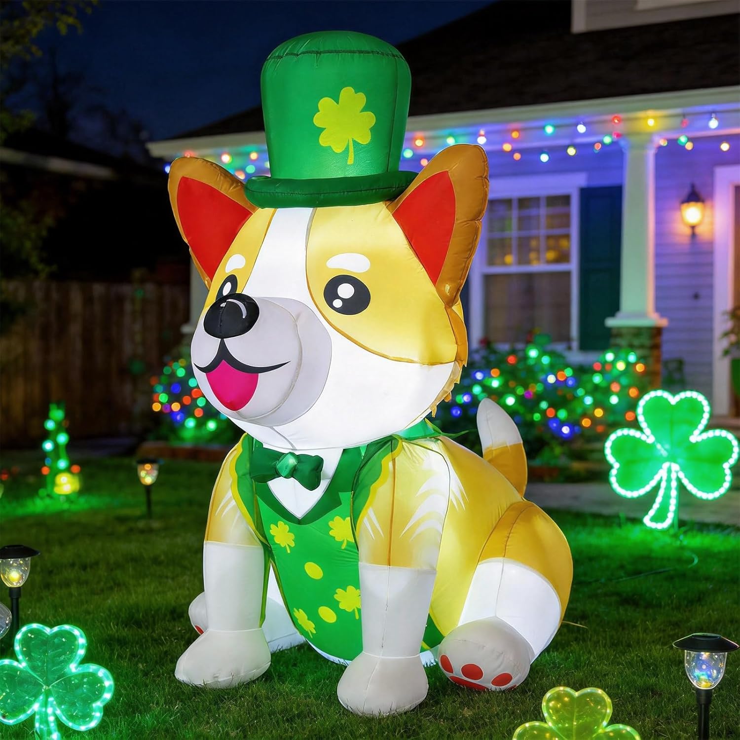 5FT St. Patricks Day Inflatables Corgi Outdoor Decorations, Blow Up Cute Dog Wearing a Luck Shamrock hat,Bow Tie,Built-in LED Lights,St Patricks Day Décor for Irish Outdoor Garden Yard Holiday