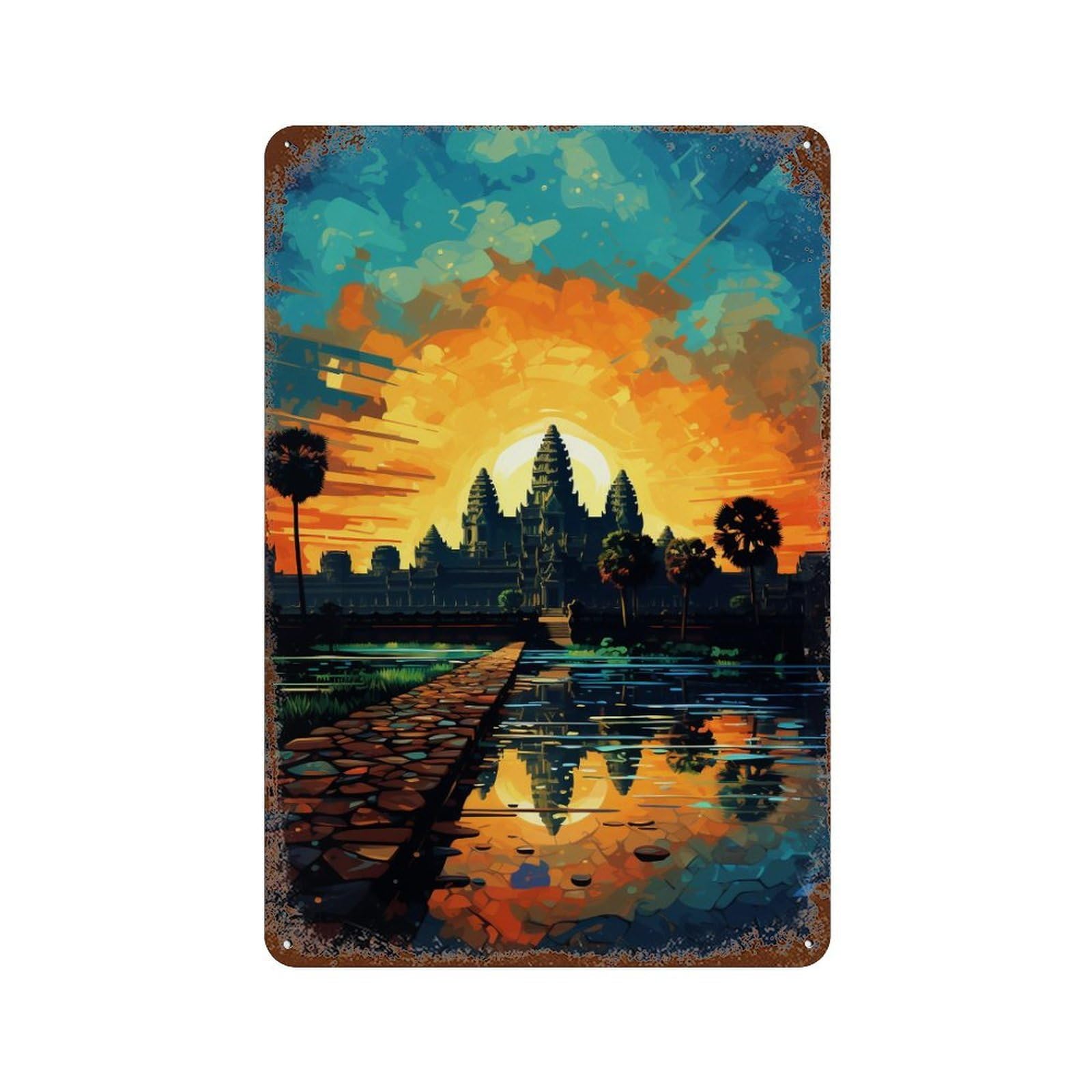 Rust Effect Angkor Wat Sunset Reflection Rustic Tin Plaque 11.8"x7.9", Industrial Home Decor for Bistro, Counter And Cafe Decor