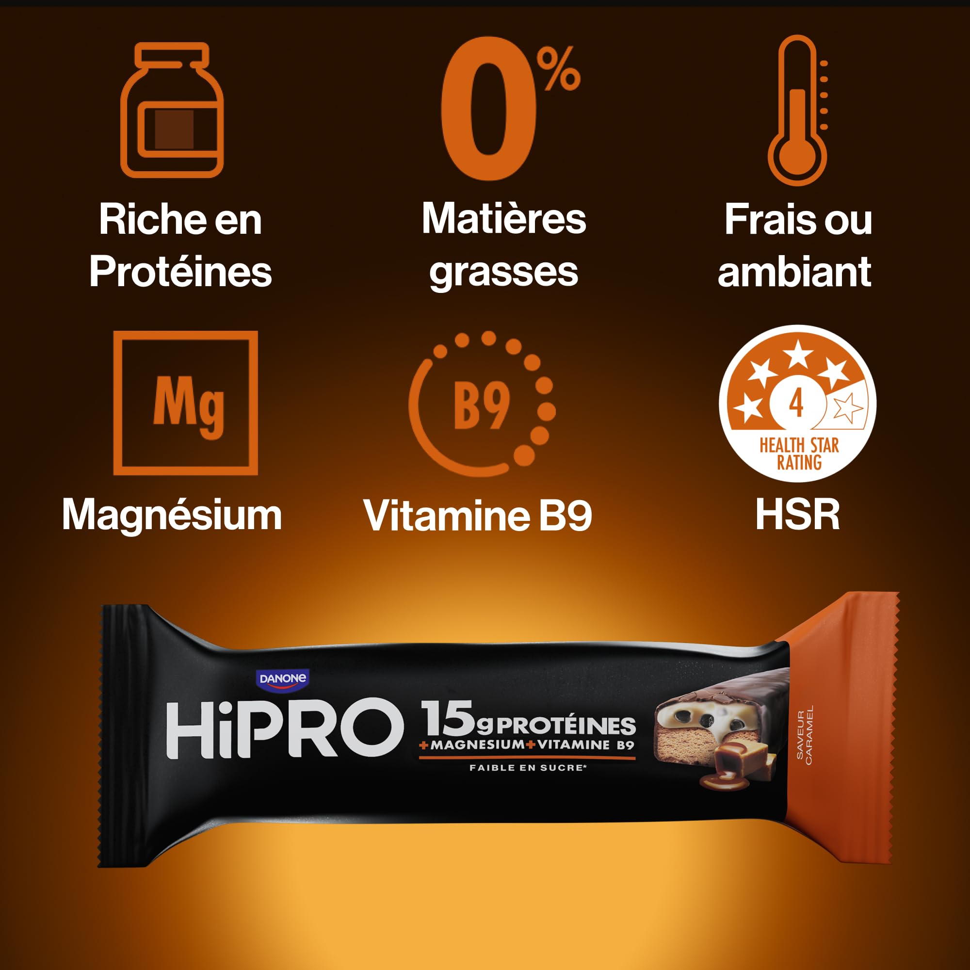 HiPRO Barre Protéinée – Caramel – 45g – Riche en Protéines, Magnésium & Vitamine B9 - Pack de 12