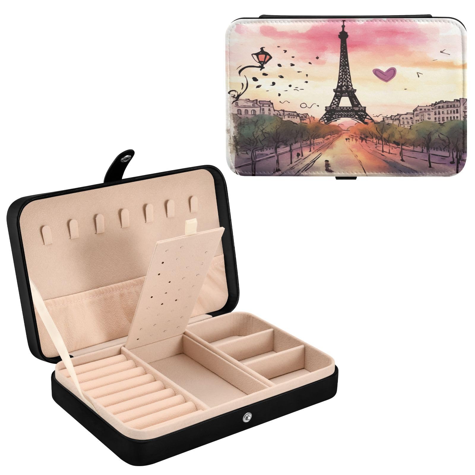 Haskirky Paris Eiffel Tower Jewelry Box Portable PU Leather Travel Jewelry Organize for Women Jewelry Storage Display Holder for Ring, Necklace, Earring