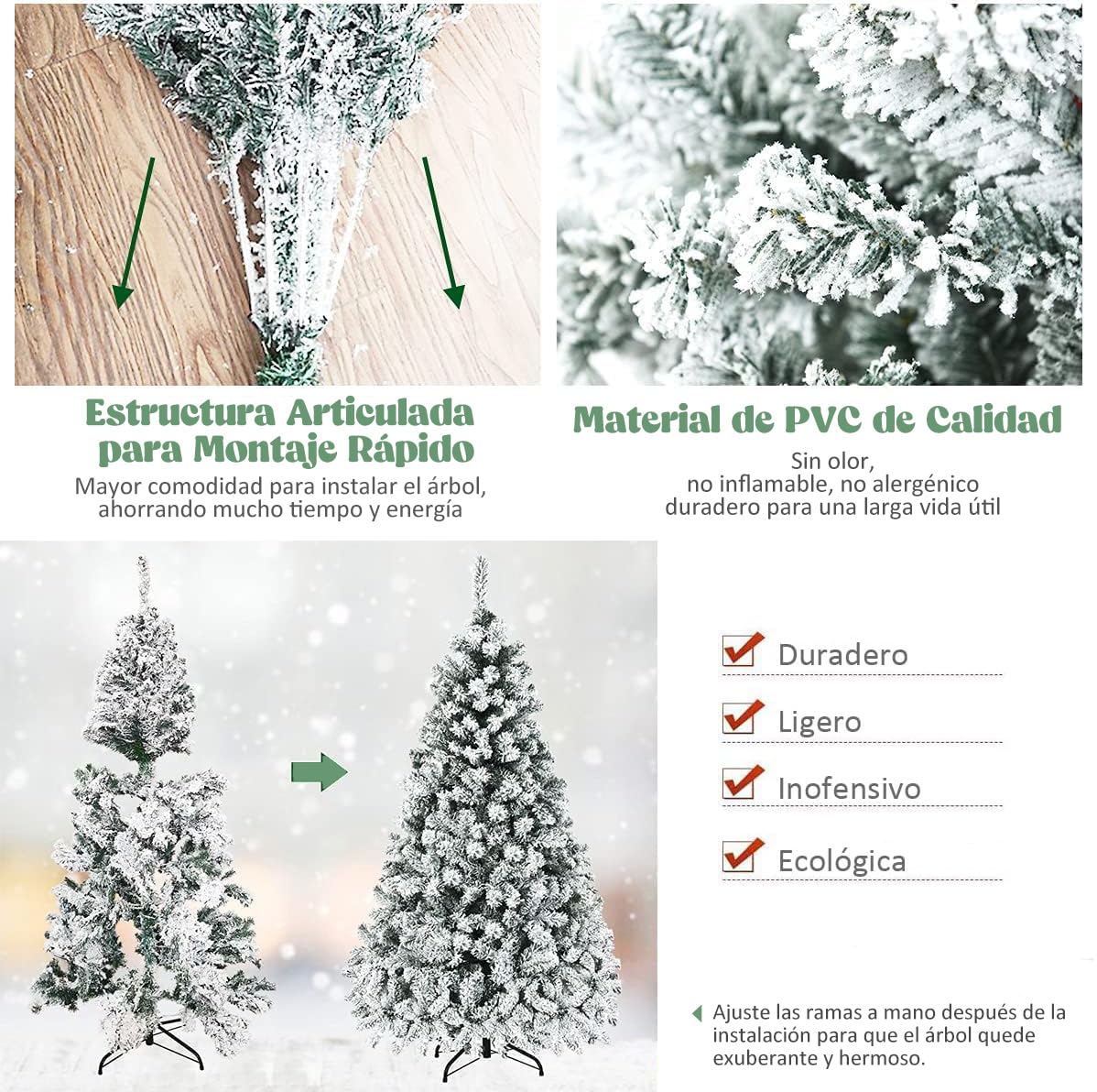 RELAX4LIFE Árbol de Navidad Nevado de PVC Ignífugo con 250/450 Luces LED Cálidas, Árbol de Navidad con Nieve, Base de Metal, Arvore de Natal Automático para Casa/Oficina/Tienda (225cm, 1010 Ramas)