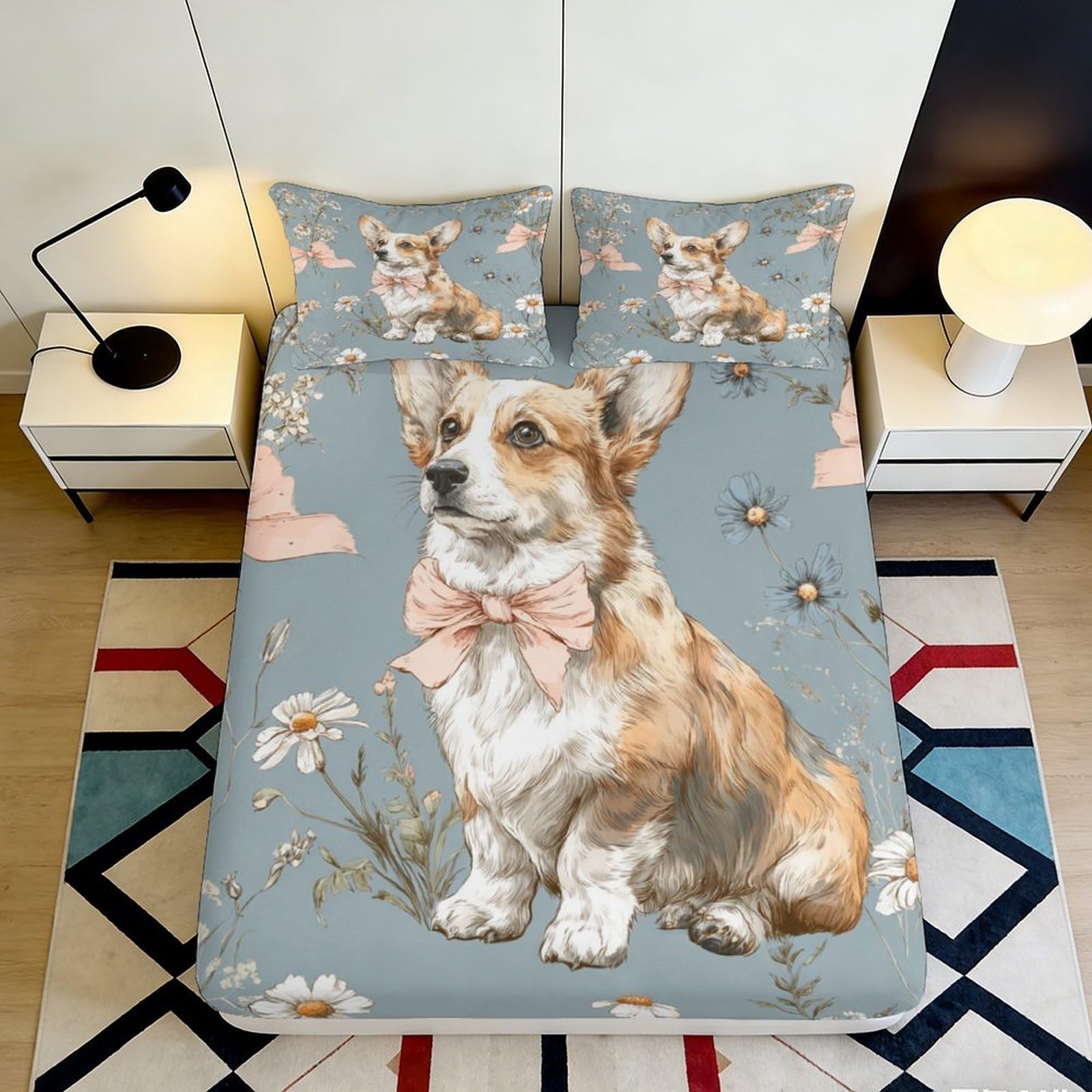 3D Printed Cute Corgi Dog Fitted Sheet Microfiber Soft Breathable Floral Pattern Bed Cover for Bedroom Dormitory Guest Room Mattress Protection 160x200x25cm
