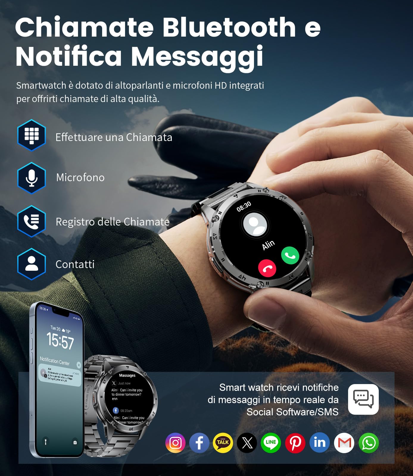 Smartwatch Uomo con Chiamate Bluetooth, Orologio Smartwatch Uomo 1.43'' HD AMOLED, Monitor Cardiofrequenzimetro, Sonno, SpO2, 110+ Sport, IP68 Impermeabile per Android iOS