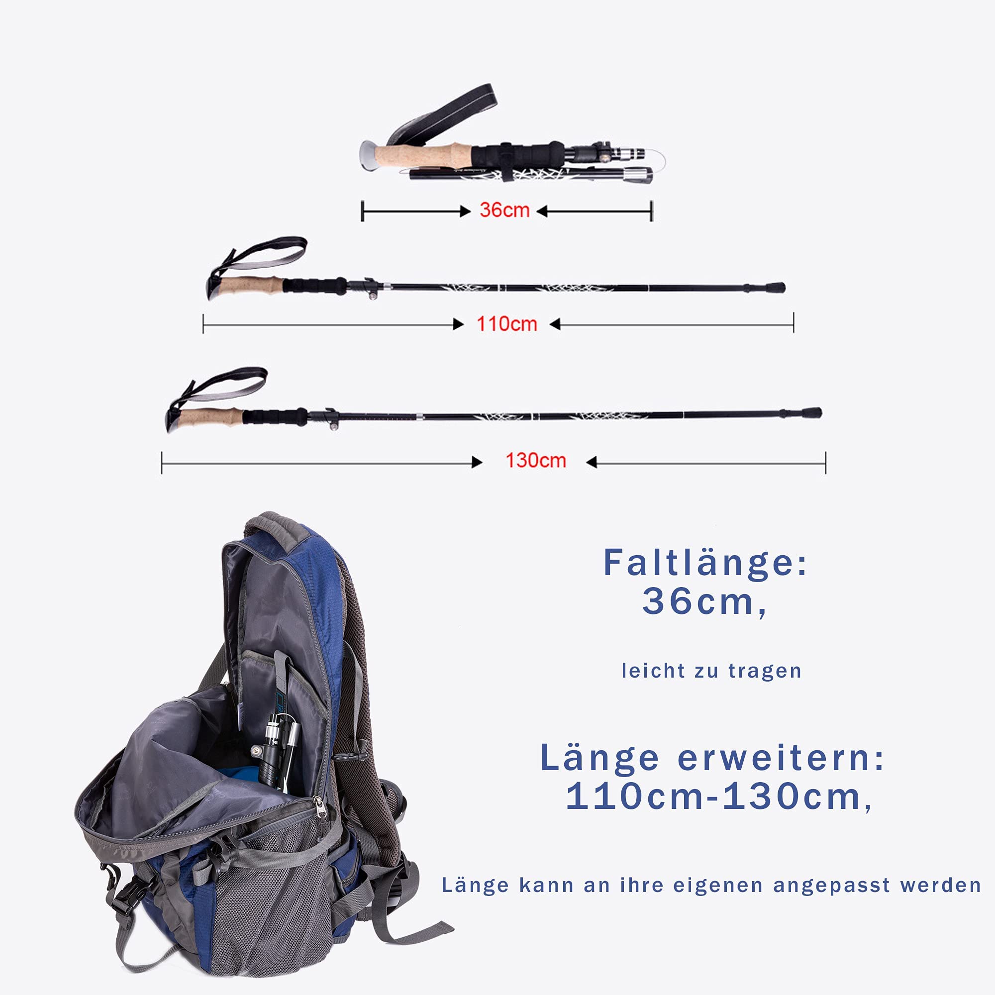 Bastoni Trekking 2 Pezzi Bastone da Trekking e Camminata Nordica Pieghevoli 36-130cm Alluminio Nordic Walking Bastoncini Bastone da passeggio antiscivolo ultraleggero, per escursionismo, campeggio