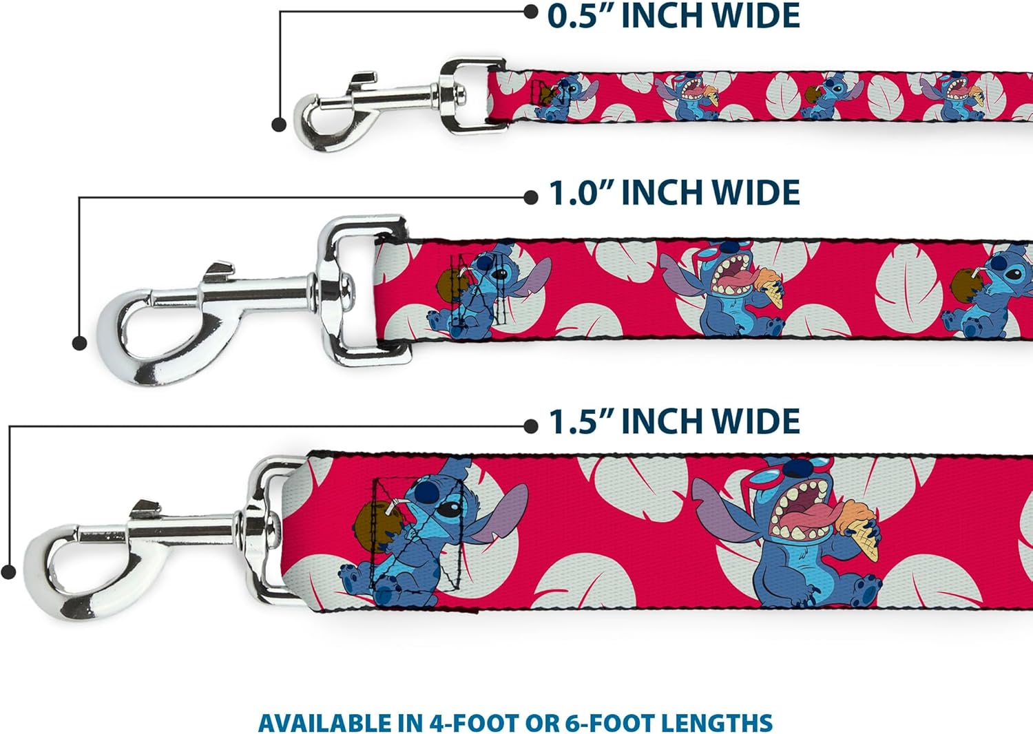 Disney Pet Leash, Dog Leash, Lilo Stitch 2 Eating Poses Lilo Dress Leaves Red Ivory, 4 Feet Long 1.5 Inch Wide