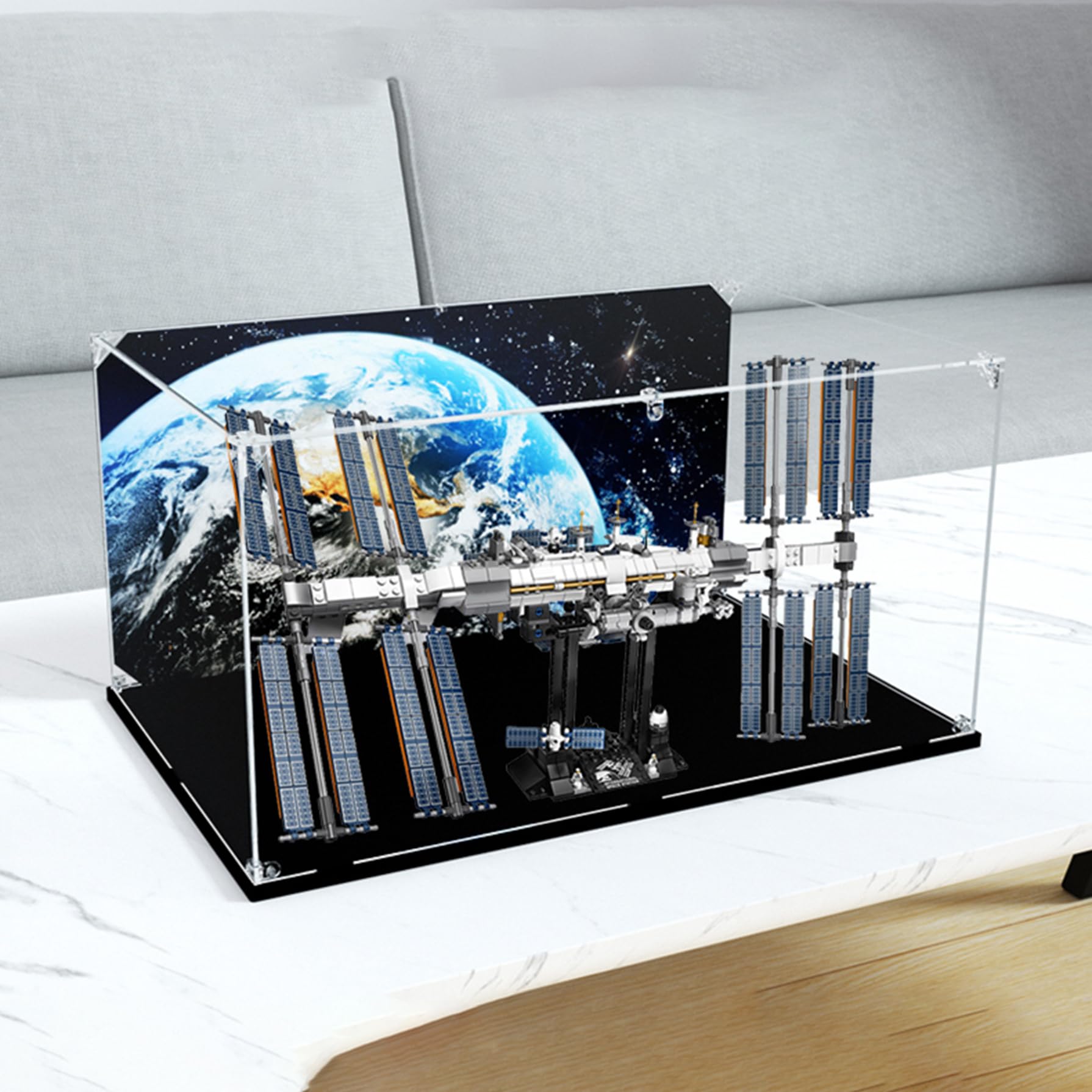 XNSHENGXAN Acrylic Display Case Compatible to Lego #21321 International Space Station (21.6*13.7*11in), Display Cases for Collectibles, Sturdy Protection for Your Collectible,Black Base+Background
