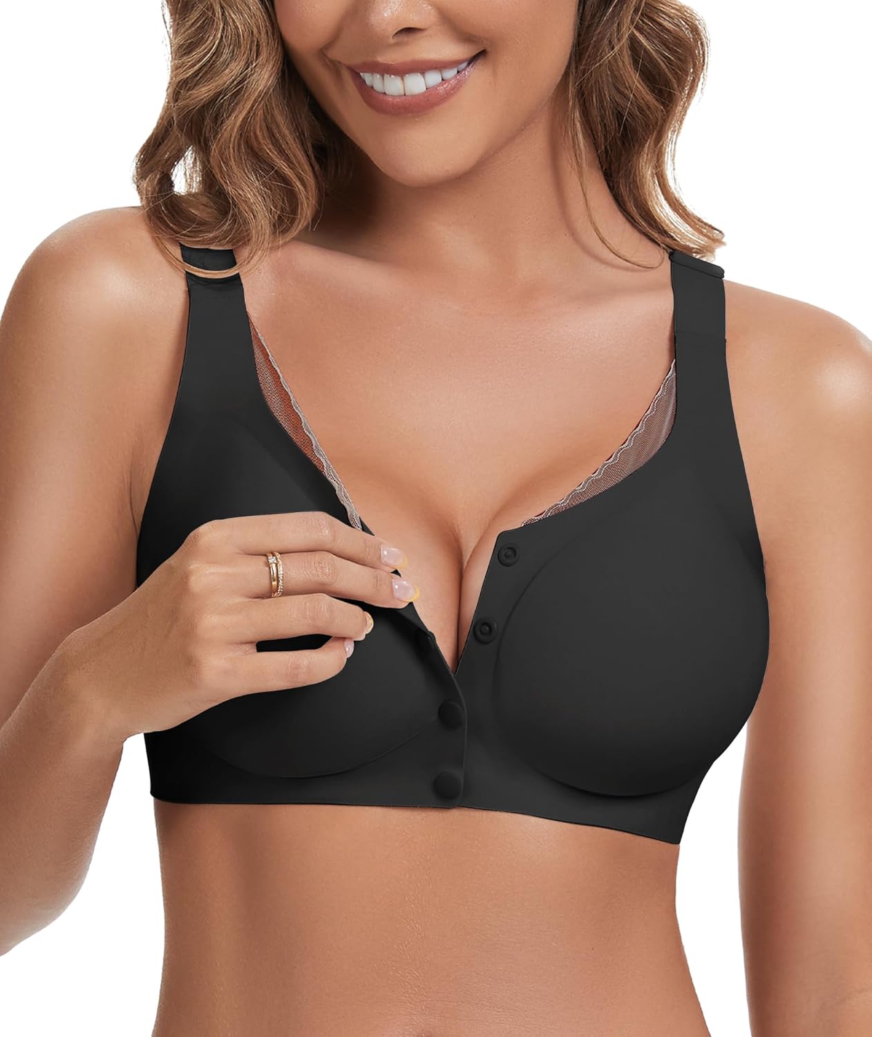 Gailife V Neck Jelly Front Closure Bras for Women Wireless Full Coverage Mastectomy Bralettes Seamless Everyday Bra