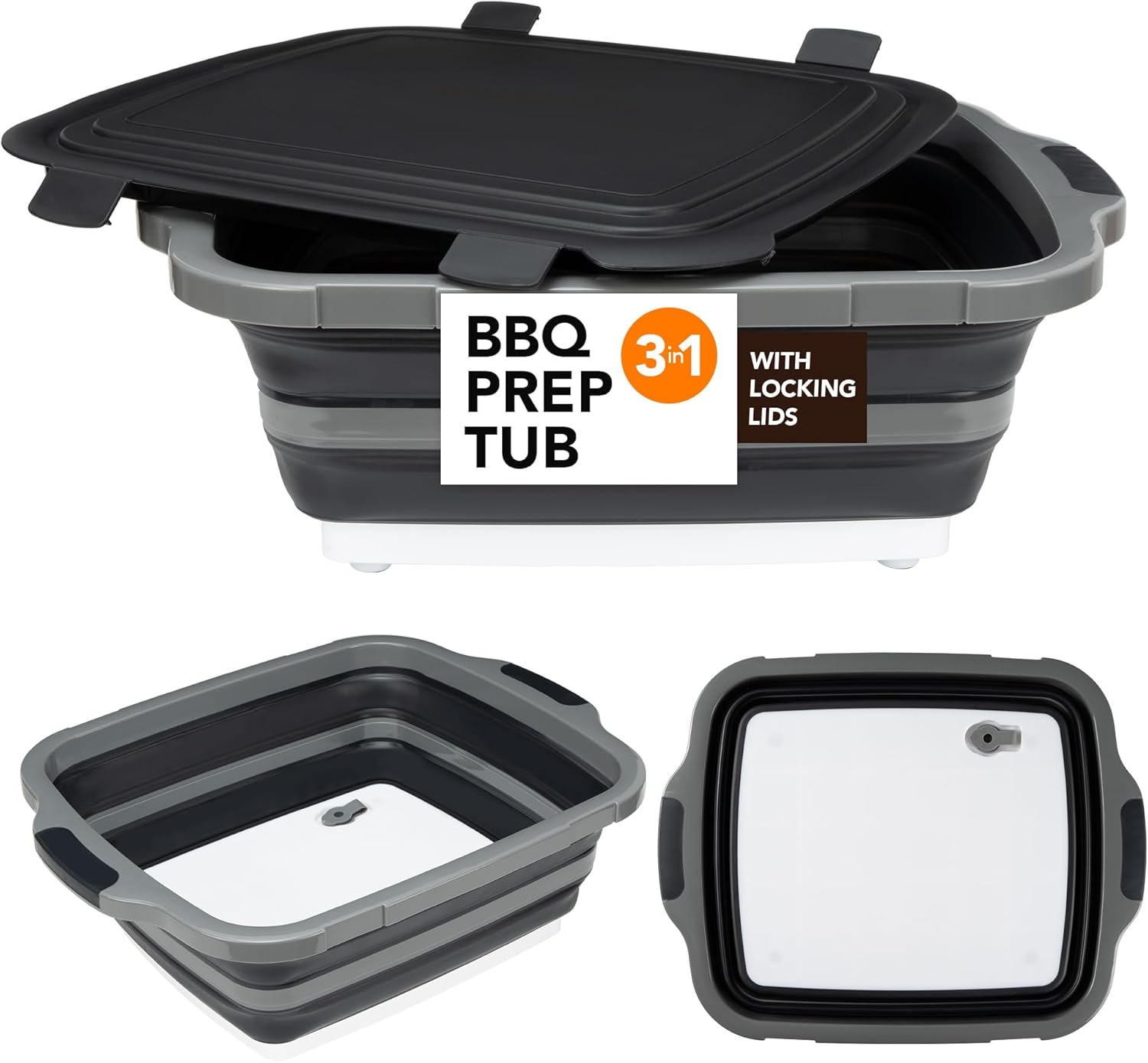 Collapsible BBQ Prep Tub with Locking Lid, Cutting Board & Colander