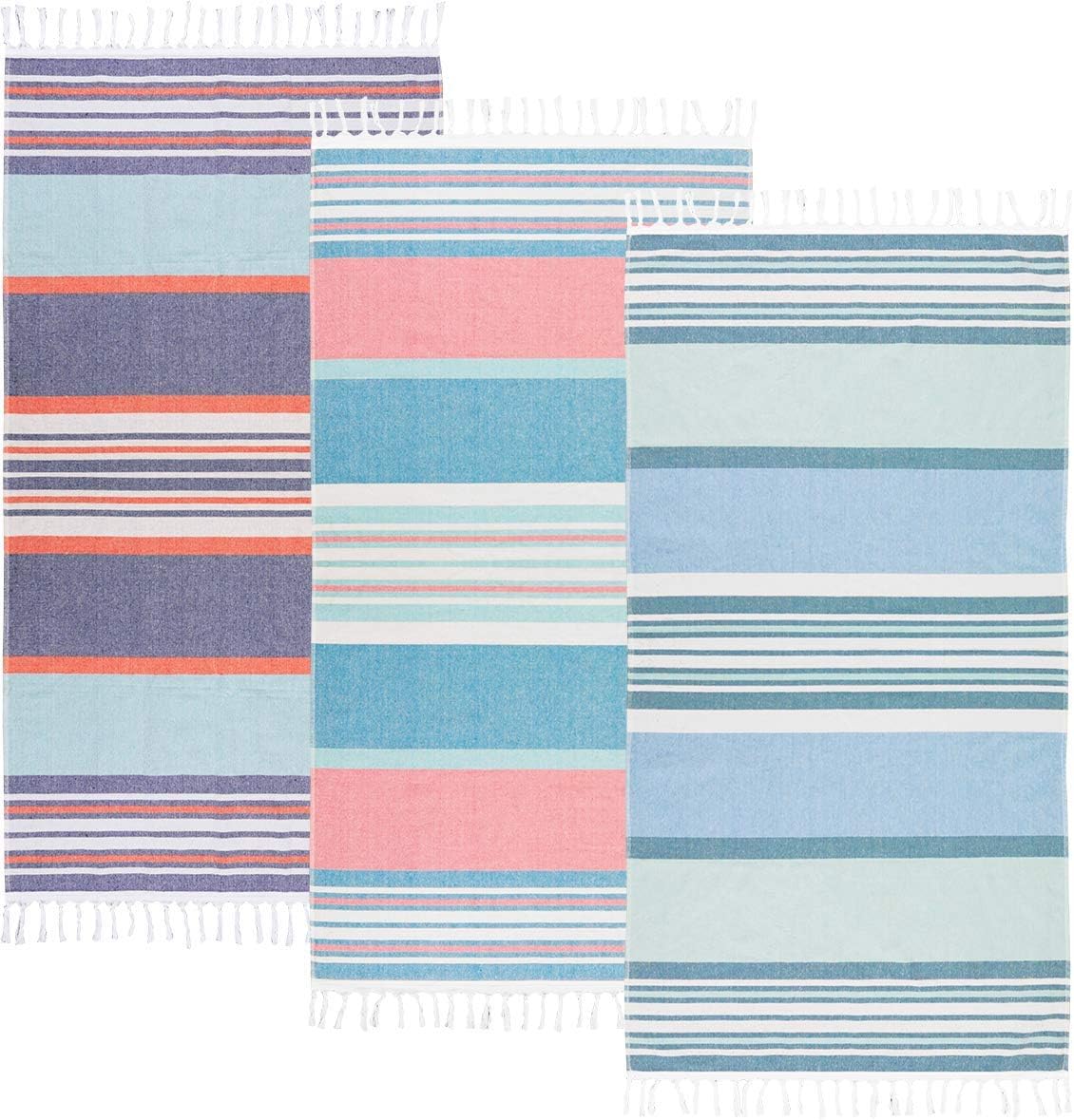 Beachland Large Fringe Beach Towel 32 x 63 inch Sand Free Flat Woven in Front and Absorbent Terry on Reverse Cotton Turkish Style (Blue-Green-Pink, 3 Pack)