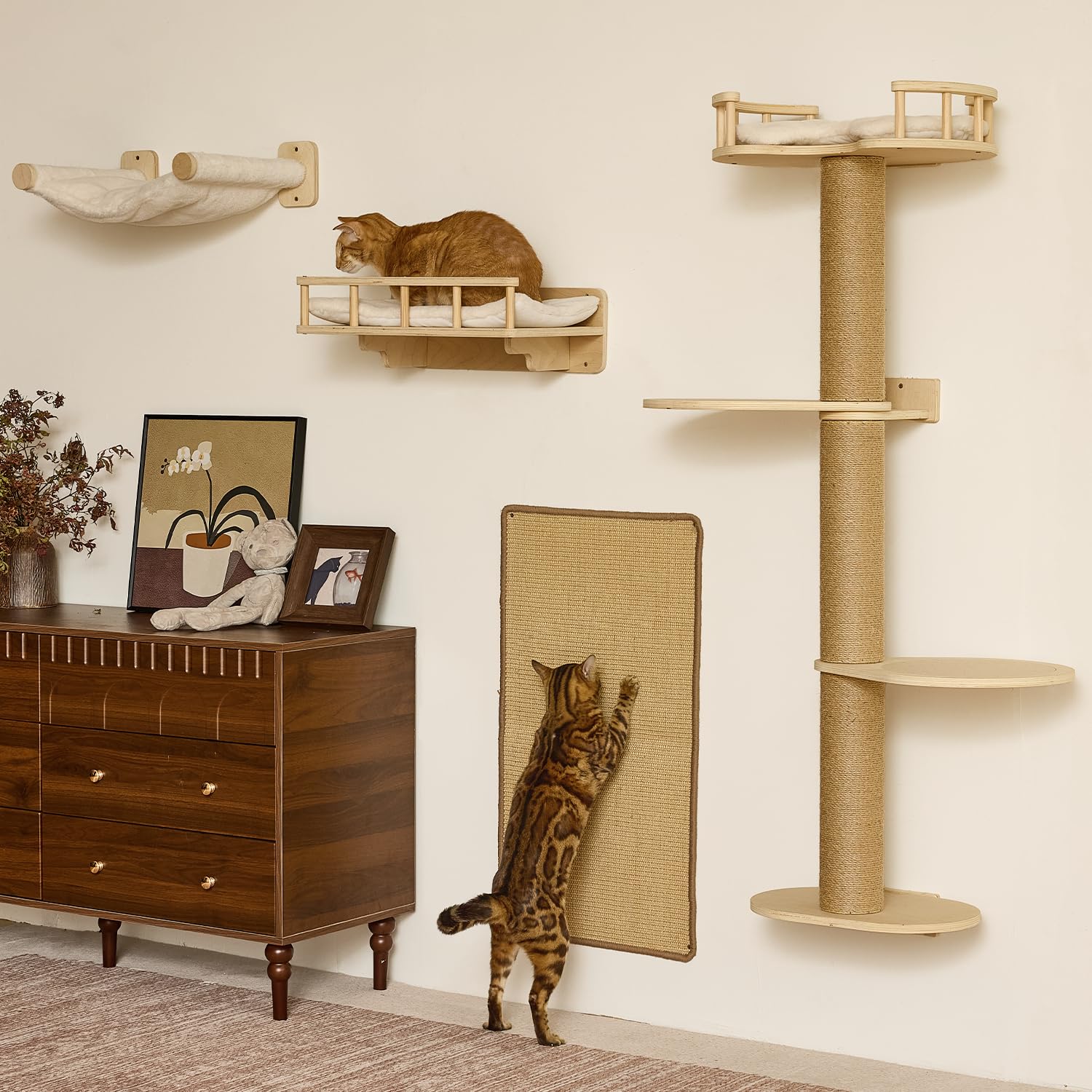 FUKUMARU Cat Wall Shelves, 4 in 1 Stable Wooden Wall-Mounted Furniture Set, Climbing Tree with Hammock, Bed, Perch and Scratching Mat (Beige)