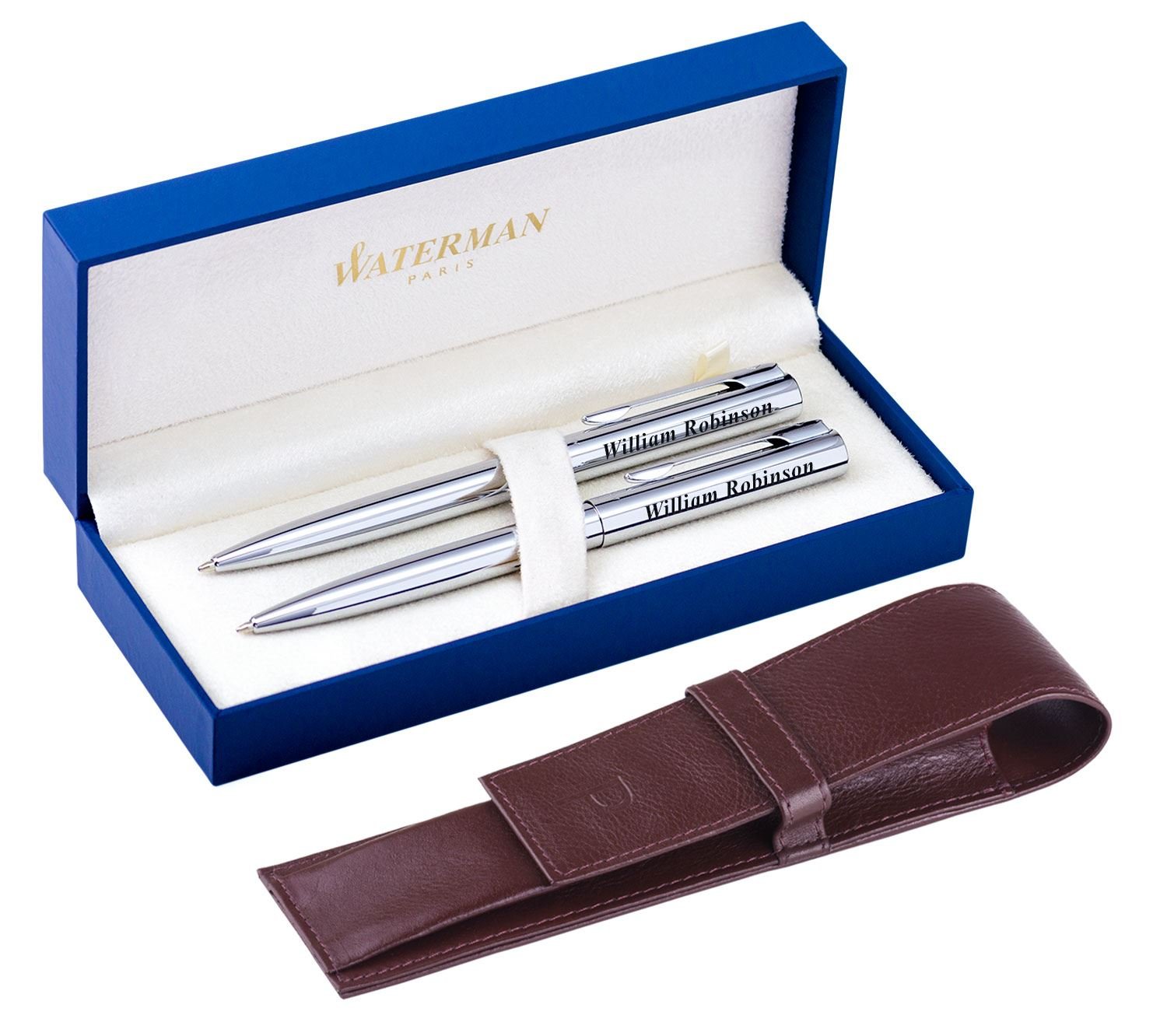 Personalised Laser engraved stylish 2 x Waterman Ballpoint Pen Graduate Chrom + PAGANI Dark Brown - Ideal Gift - Comes with Genuine Leather Pen Case Pagani London Collection and Gift Box
