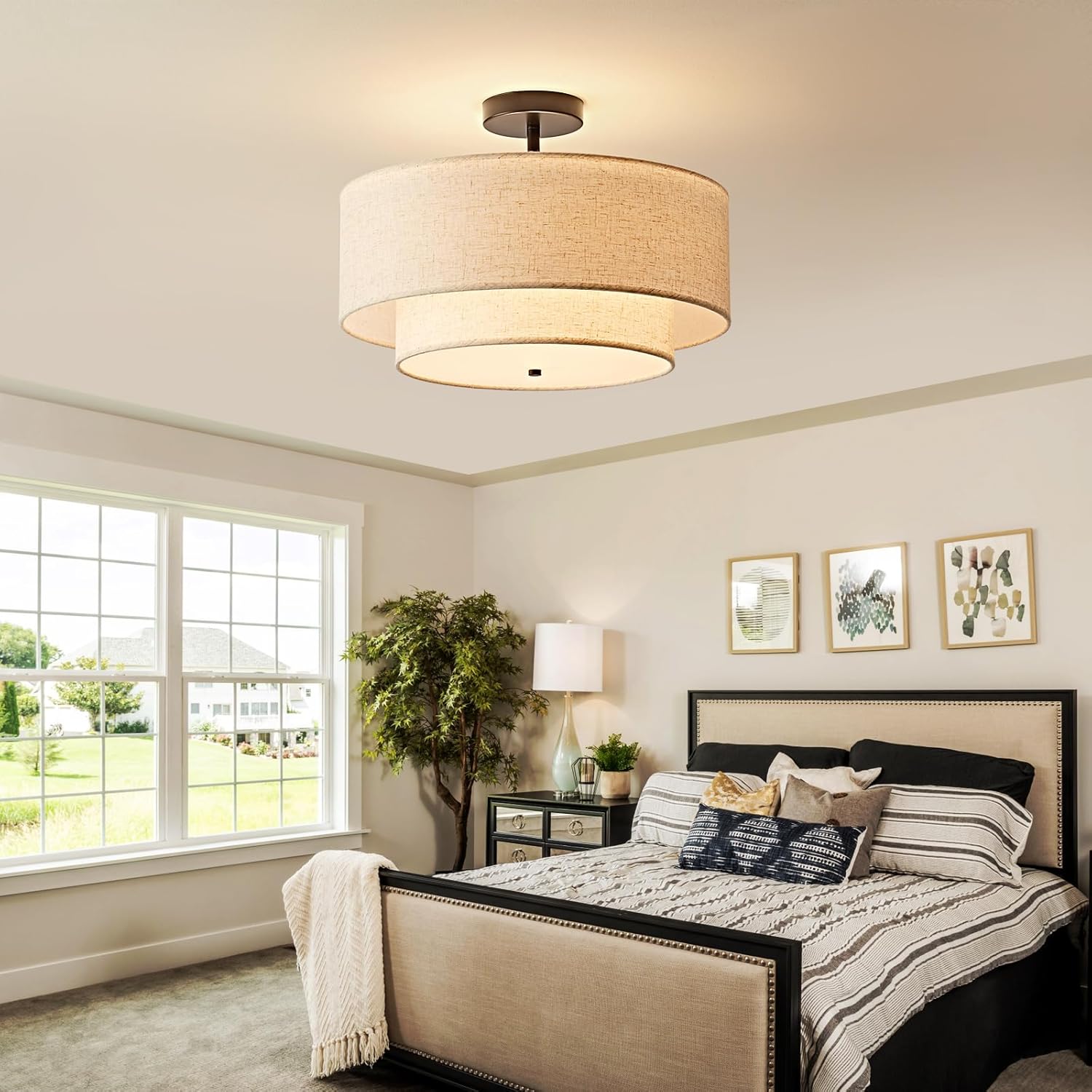 18" Semi Flush Mount Ceiling Light, Classic Fabric Linen Double Drum 3-Light, Farmhouse Black Light Fixture for Living Room, Bedroom, Kitchen, Dining Room