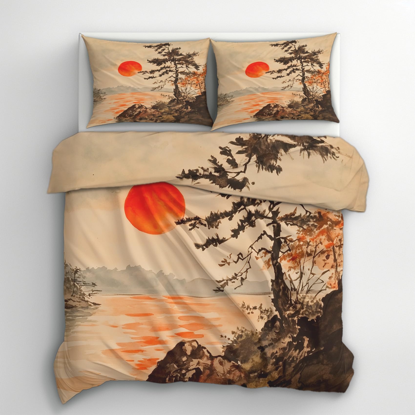 Generisch Bettwäsche Japanisch 140x200, Asiatisch Japan Landschaft Motiv Wendebettwäsche & Deko, Weiche Microfaser Bettbezug mit Reißverschluss und 1 Kissenbezug 70x90, 2tlg - ASD6915