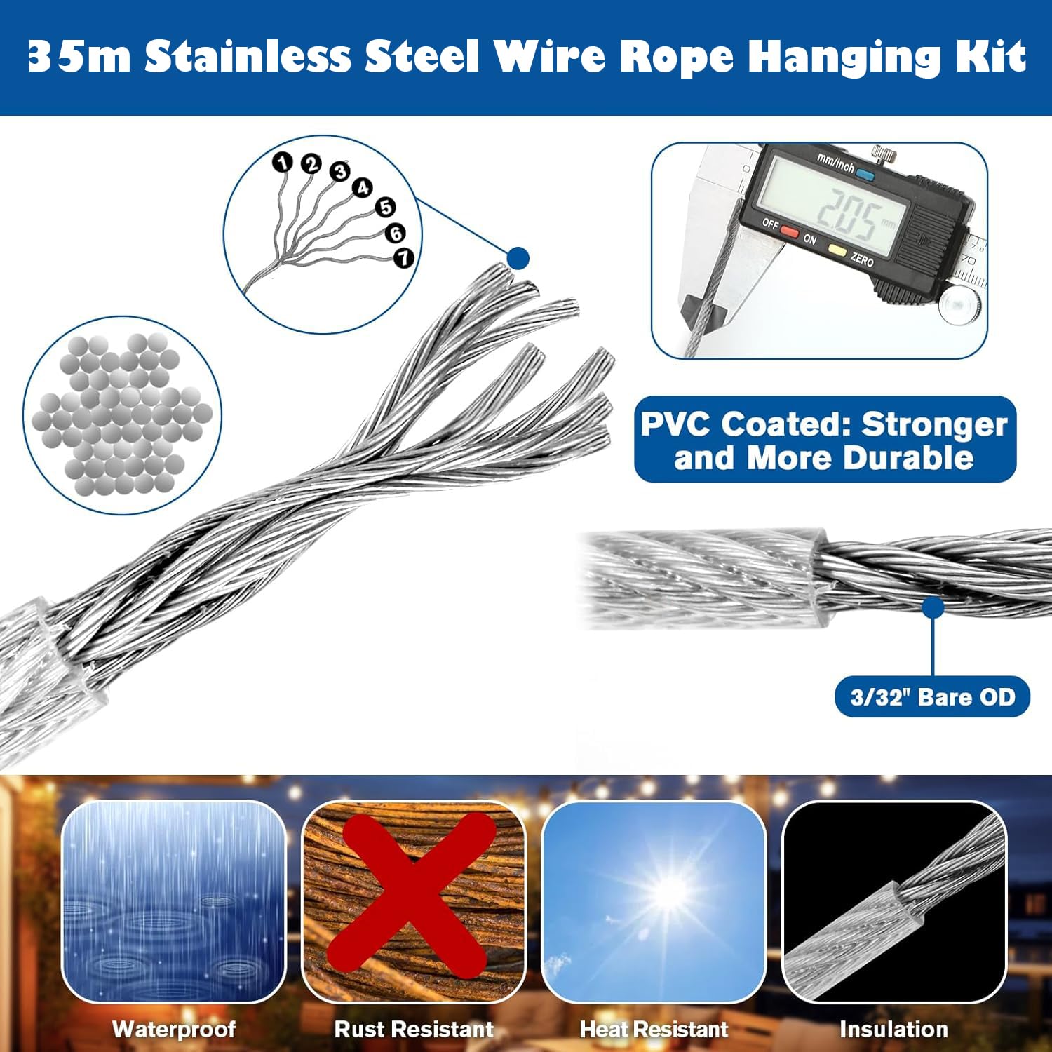 35M Drahtseil Rankhilfe Set 2mm Stahlseil Ummantelt Langlebiges Stahlseil-Set mit Seilspanner,Drahtseilklemme, Stahlseil ummantelt für Kletterpflanzen,Gardinen,Beleuchtung und String Light Hanging