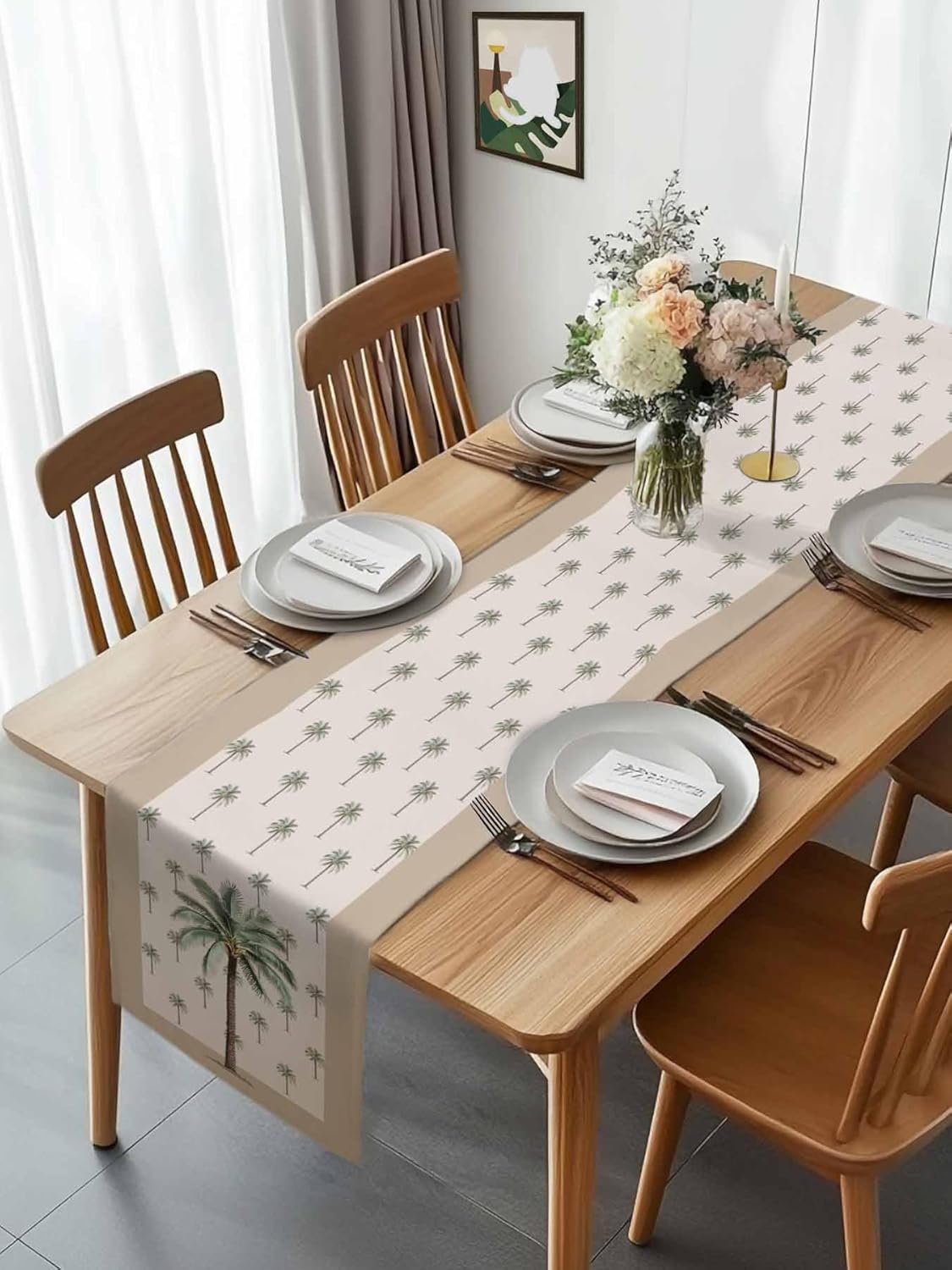 Tropical Coconut Cotton Linen Table Runner Dresser Scarves,Khaki Palm Tree Table Runners for Dinning Table,Farmhouse Kitchen Decor,Holiday Dinner Decoration-13x90 Inch