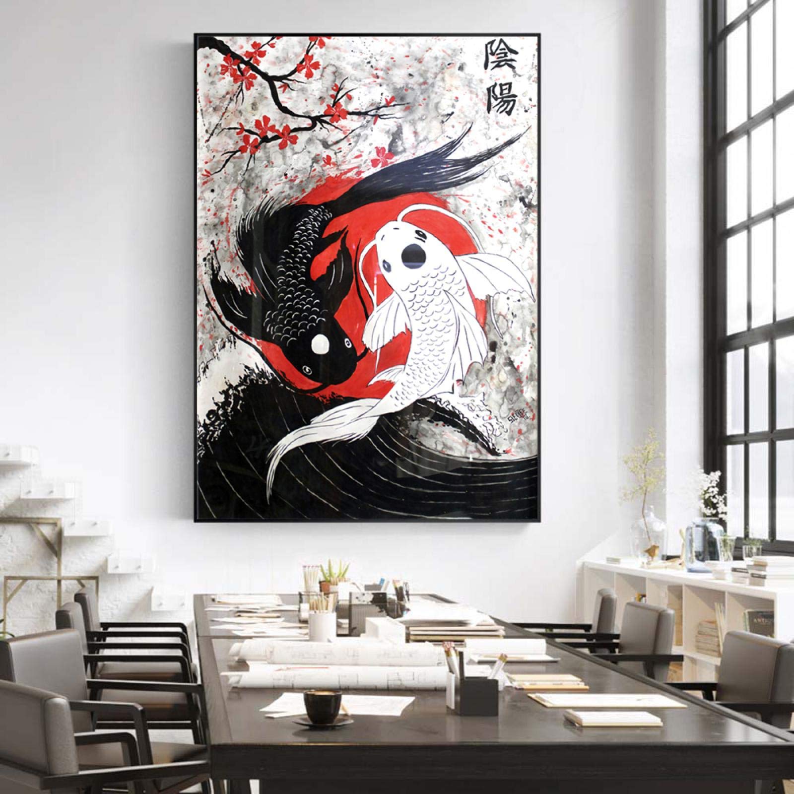 Amazon｜帆布絵画日本画絵画芸者侍と陰陽魚ポスタープリント壁画部屋