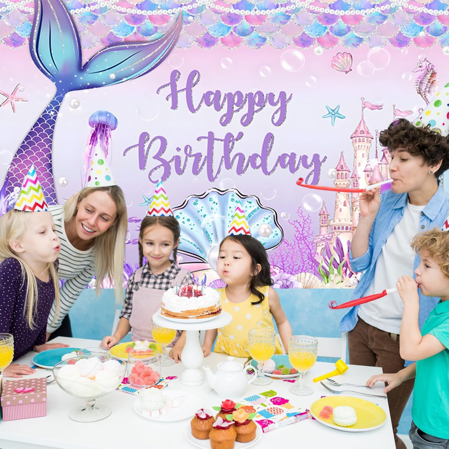 Meerjungfrau Geburtstag Foto Hintergrund 3.6x3m, Unter dem Meer Lila Meerjungfrau Schloss Perle Fotografie Hintergrund Prinzessin Mädchen Geburtstag Party Dekoration Banner Studio Requisiten
