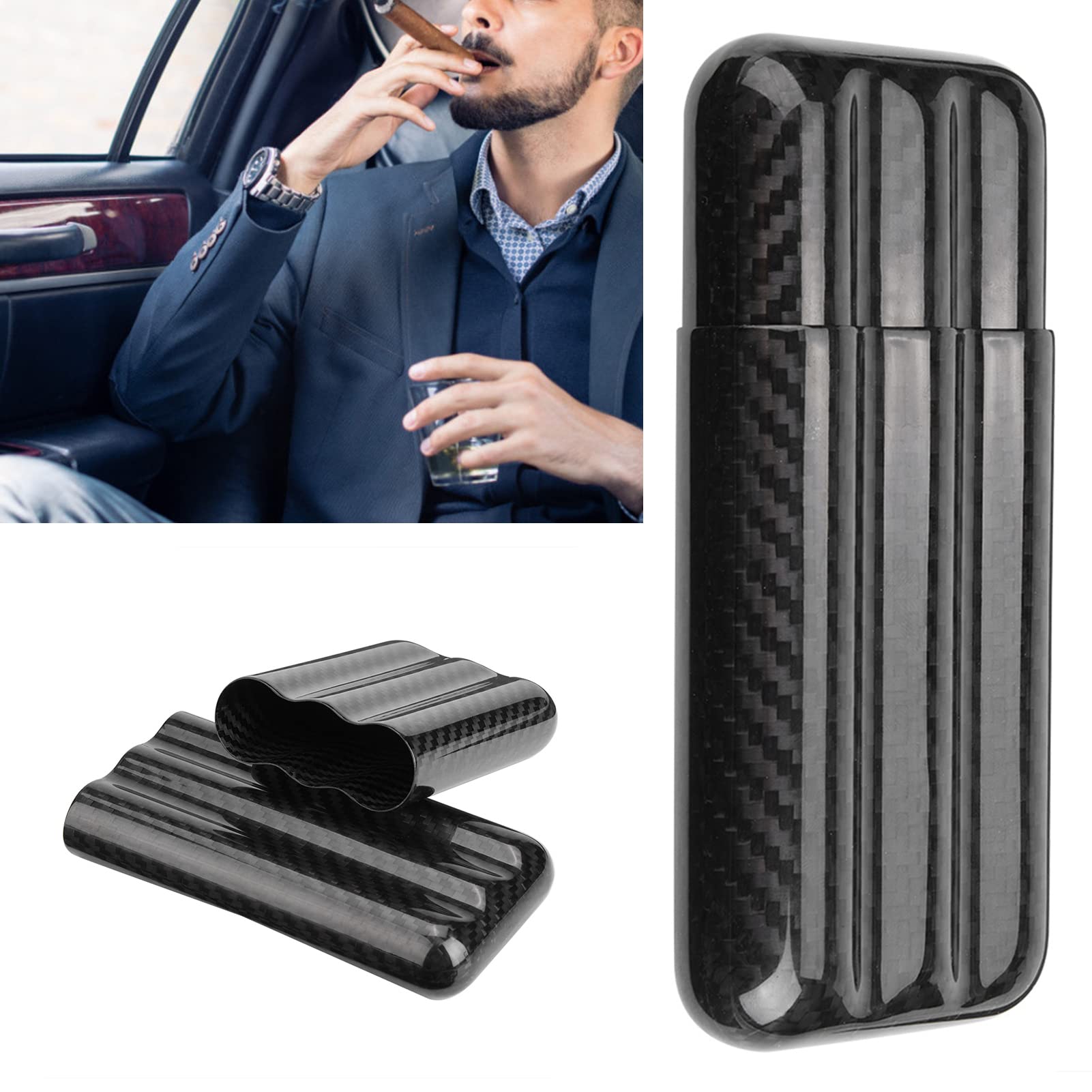Scatola di Sigari Umidificatori in Fibra di Carbonio 3 Tubi Custodia Viaggio Portaoggetti Scatola Porta Sigaro