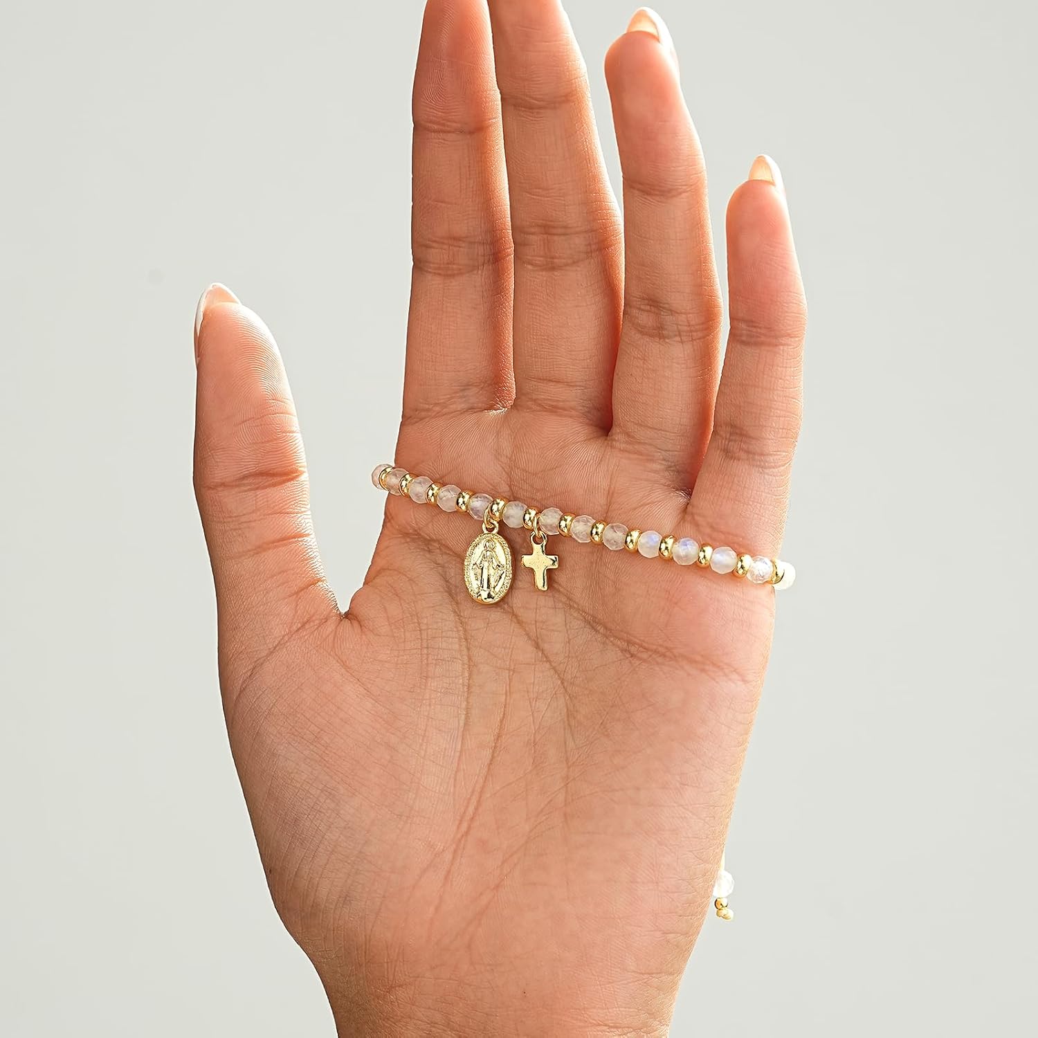 Glowave Catholic Gold Cross Bracelet for Women, Beaded Adjustable Faith Jewelry with Moonstone and Virgin Mary Medal, Religious Gifts for Women - Image 6