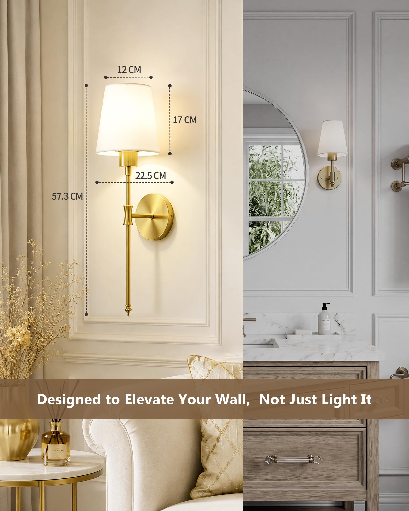 Wandleuchte Innen Akku LED Wandleuchte kabellos oder fest verdrahtbar, RGB Wandlampe mit Fernbedienung, 57 cm Höhe, Wandlichte Innen für Wohnzimmer, Schlafzimmer, Kinderzimmer, Gold VEYA WL04